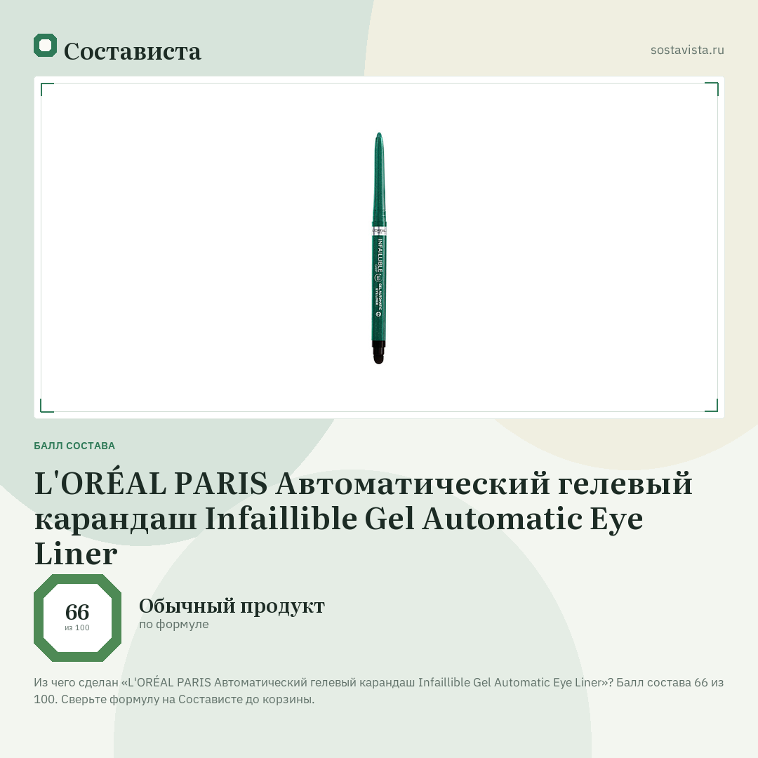 L'ORÉAL PARIS Автоматический гелевый карандаш Infaillible Gel Automatic Eye Liner: балл состава 66 из 100 — Состависта