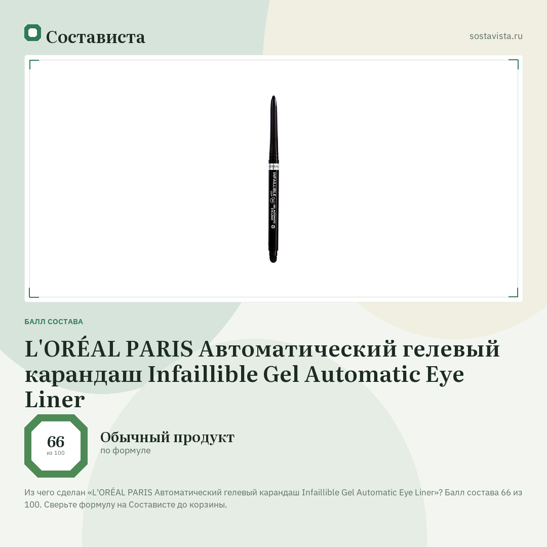 L'ORÉAL PARIS Автоматический гелевый карандаш Infaillible Gel Automatic Eye Liner: балл состава 66 из 100 — Состависта