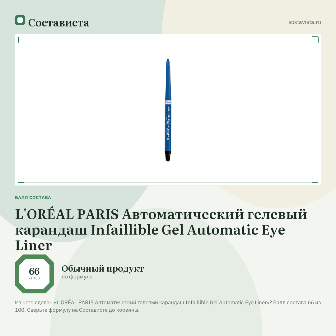 L'ORÉAL PARIS Автоматический гелевый карандаш Infaillible Gel Automatic Eye Liner: балл состава 66 из 100 — Состависта