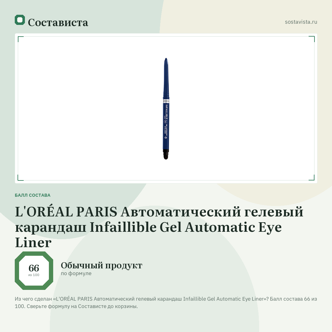 L'ORÉAL PARIS Автоматический гелевый карандаш Infaillible Gel Automatic Eye Liner: балл состава 66 из 100 — Состависта