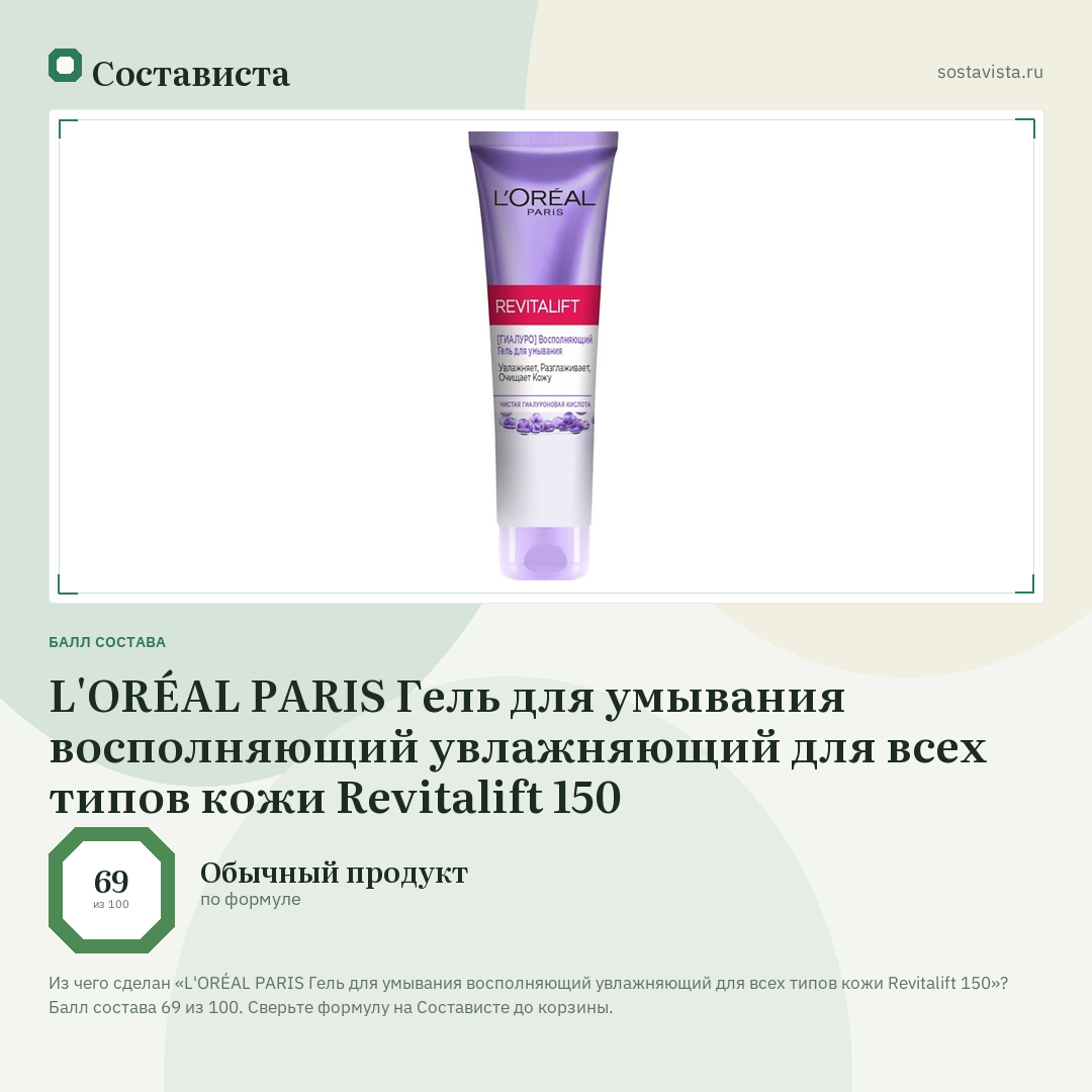 L'ORÉAL PARIS Гель для умывания восполняющий увлажняющий для всех типов кожи Revitalift 150: балл состава 69 из 100 — Состависта