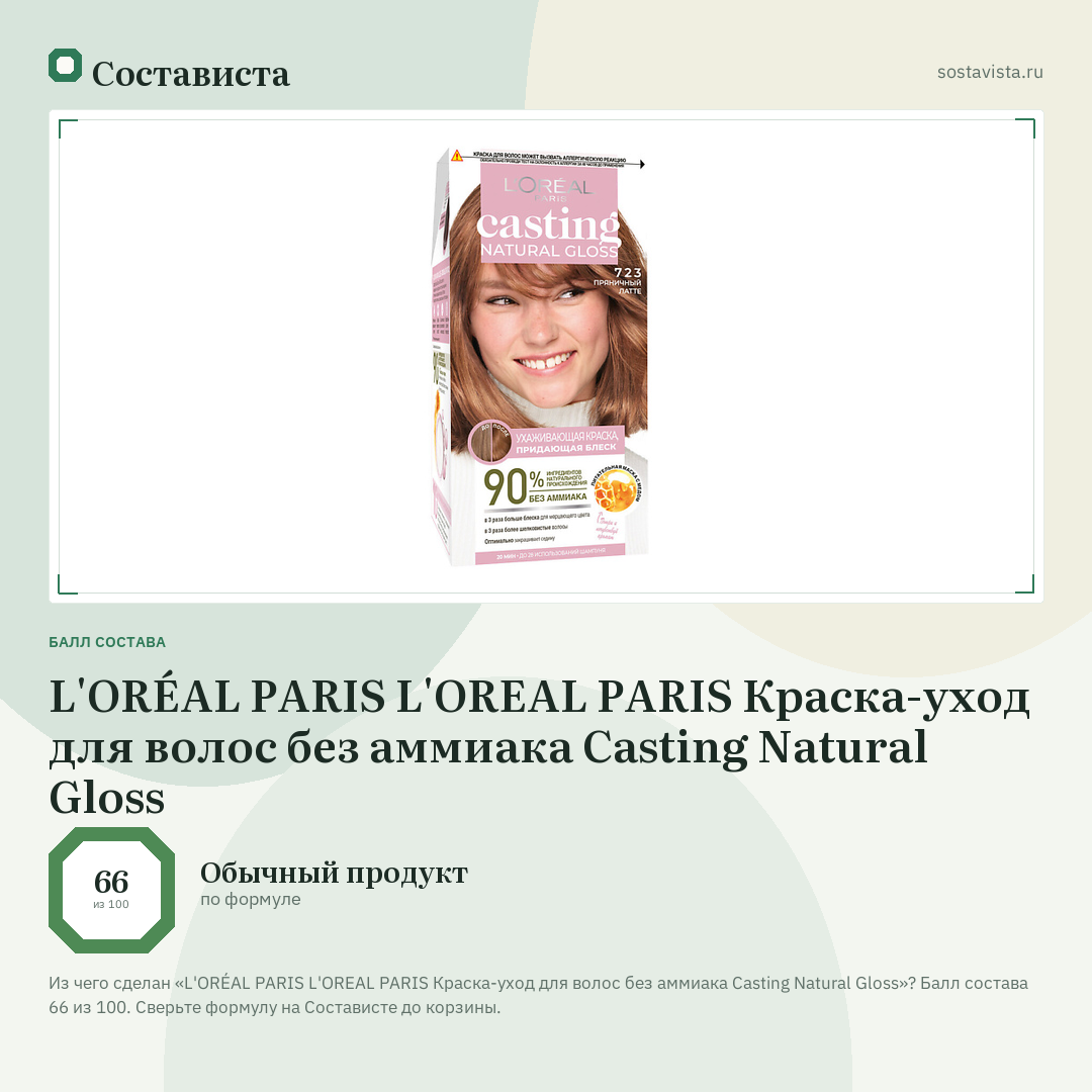 L'ORÉAL PARIS L'OREAL PARIS Краска-уход для волос без аммиака Casting Natural Gloss: балл состава 66 из 100 — Состависта