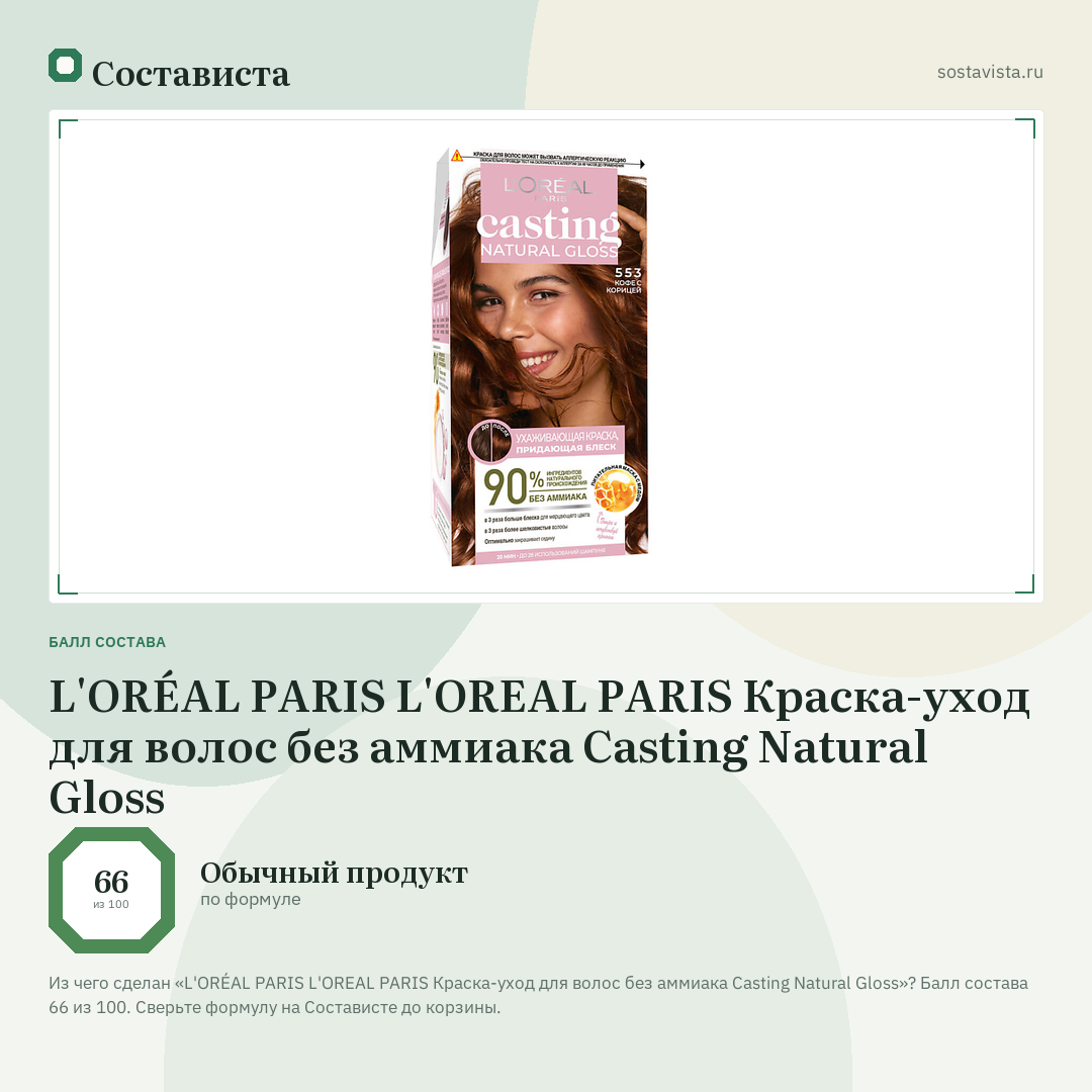 L'ORÉAL PARIS L'OREAL PARIS Краска-уход для волос без аммиака Casting Natural Gloss: балл состава 66 из 100 — Состависта