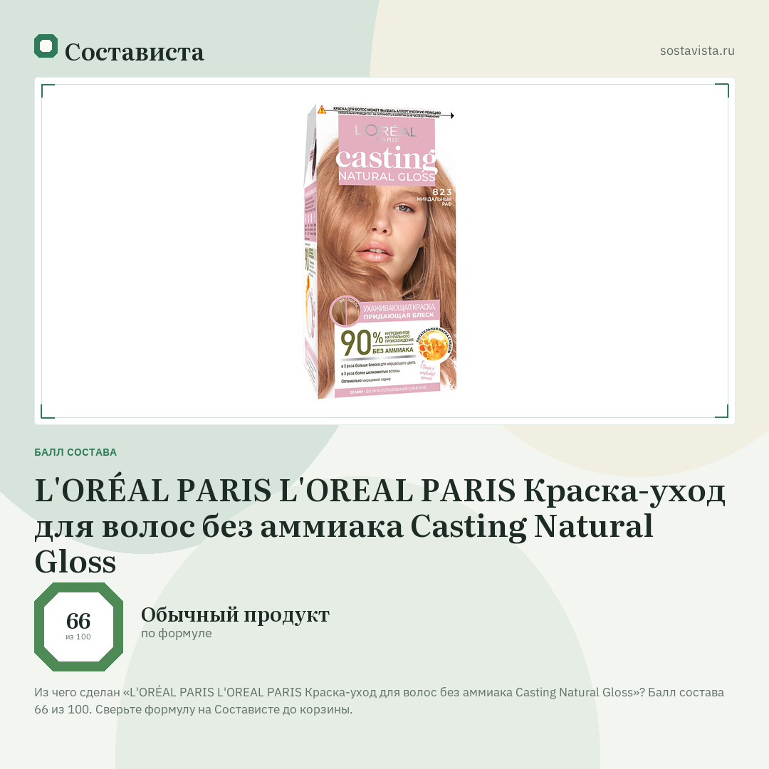 L'ORÉAL PARIS L'OREAL PARIS Краска-уход для волос без аммиака Casting Natural Gloss: балл состава 66 из 100 — Состависта