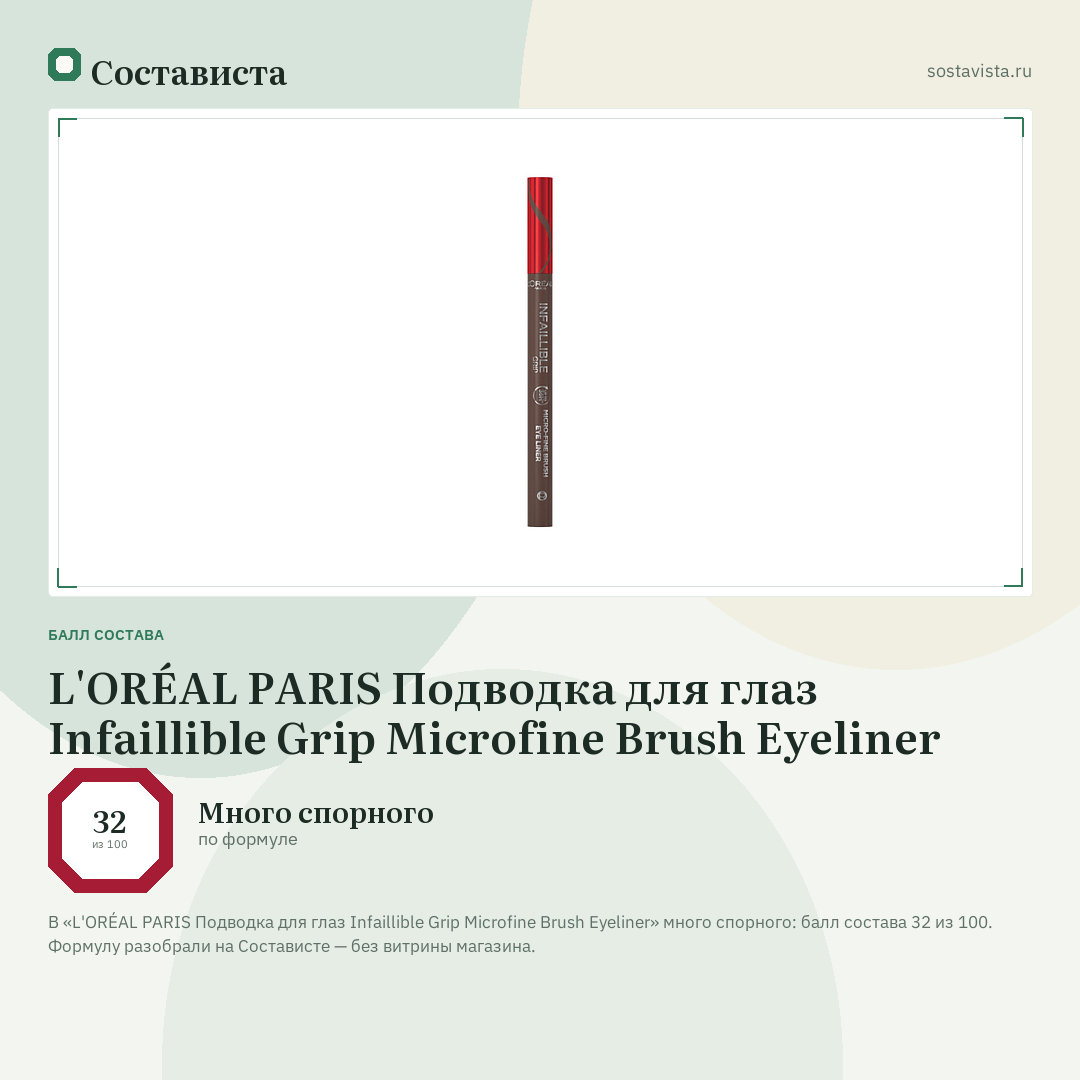 L'ORÉAL PARIS Подводка для глаз Infaillible Grip Microfine Brush Eyeliner: балл состава 32 из 100 — Состависта