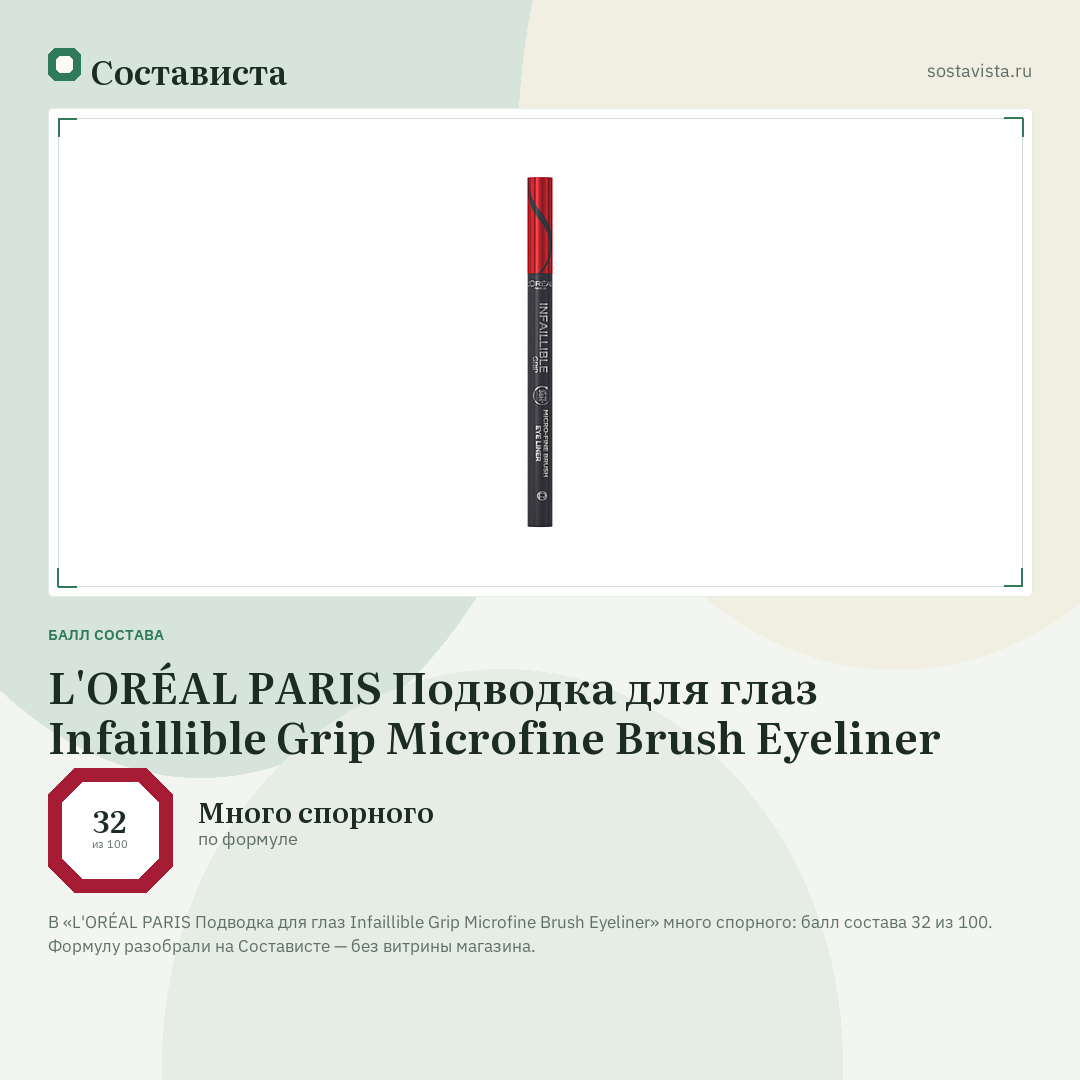 L'ORÉAL PARIS Подводка для глаз Infaillible Grip Microfine Brush Eyeliner: балл состава 32 из 100 — Состависта