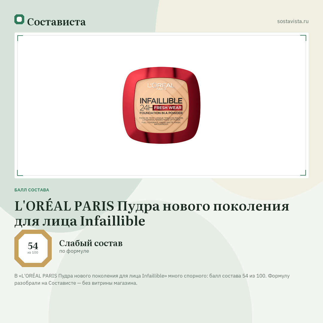 L'ORÉAL PARIS Пудра нового поколения для лица Infaillible: балл состава 54 из 100 — Состависта