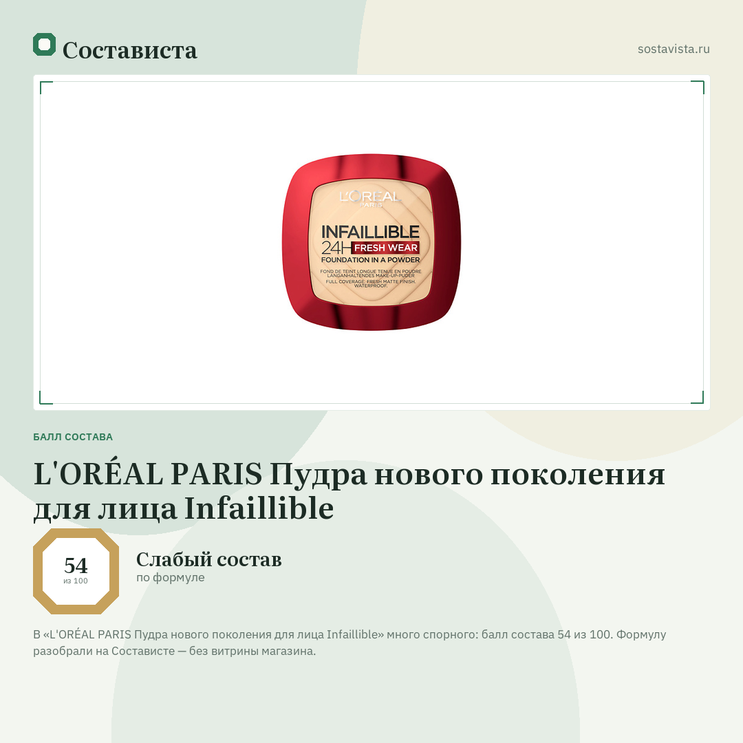 L'ORÉAL PARIS Пудра нового поколения для лица Infaillible: балл состава 54 из 100 — Состависта