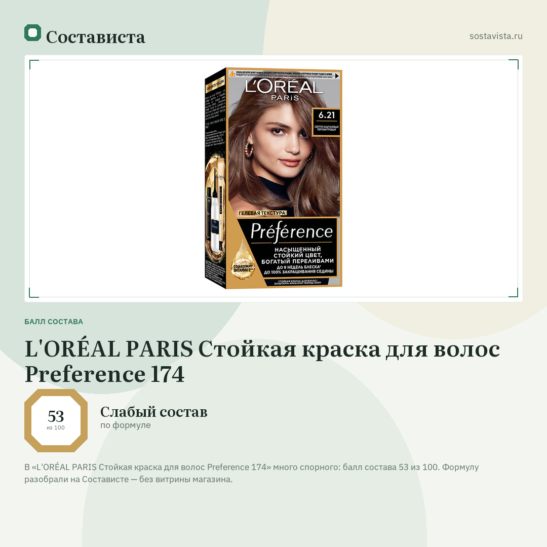 L'ORÉAL PARIS Стойкая краска для волос Preference 174: балл состава 53 из 100 — Состависта