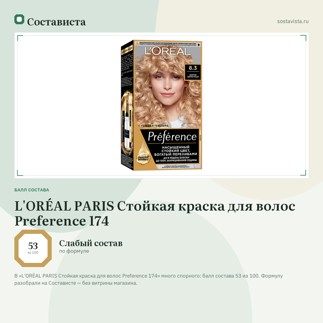 L'ORÉAL PARIS Стойкая краска для волос Preference 174: балл состава 53 из 100 — Состависта
