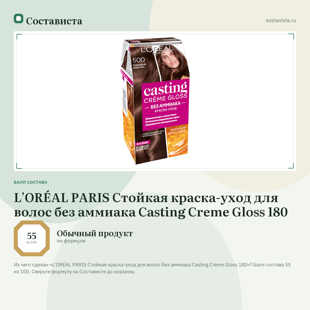 L'ORÉAL PARIS Стойкая краска-уход для волос без аммиака Casting Creme Gloss 180: балл состава 55 из 100 — Состависта