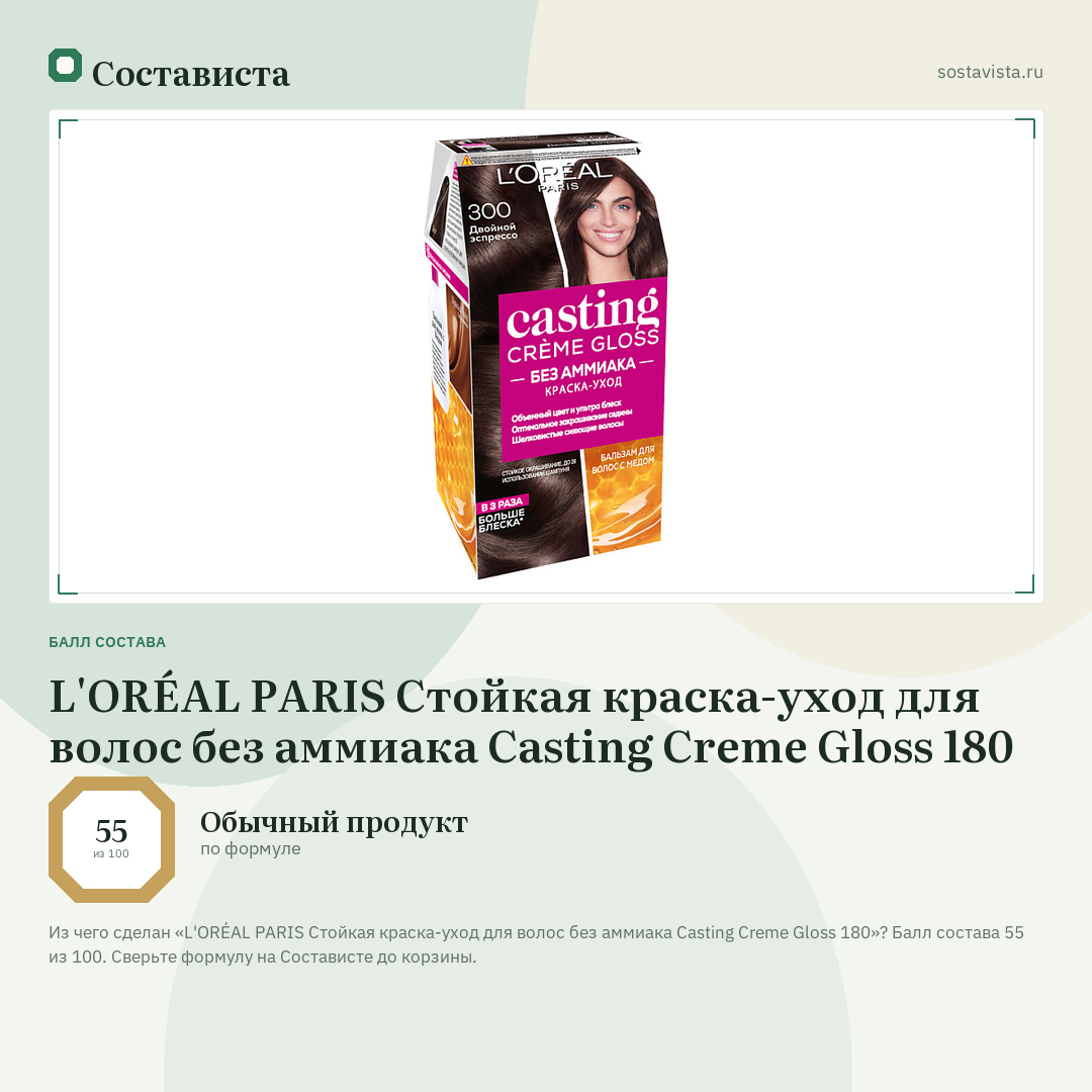 L'ORÉAL PARIS Стойкая краска-уход для волос без аммиака Casting Creme Gloss 180: балл состава 55 из 100 — Состависта