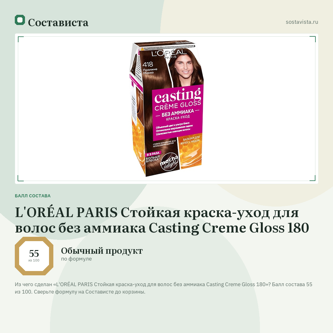 L'ORÉAL PARIS Стойкая краска-уход для волос без аммиака Casting Creme Gloss 180: балл состава 55 из 100 — Состависта