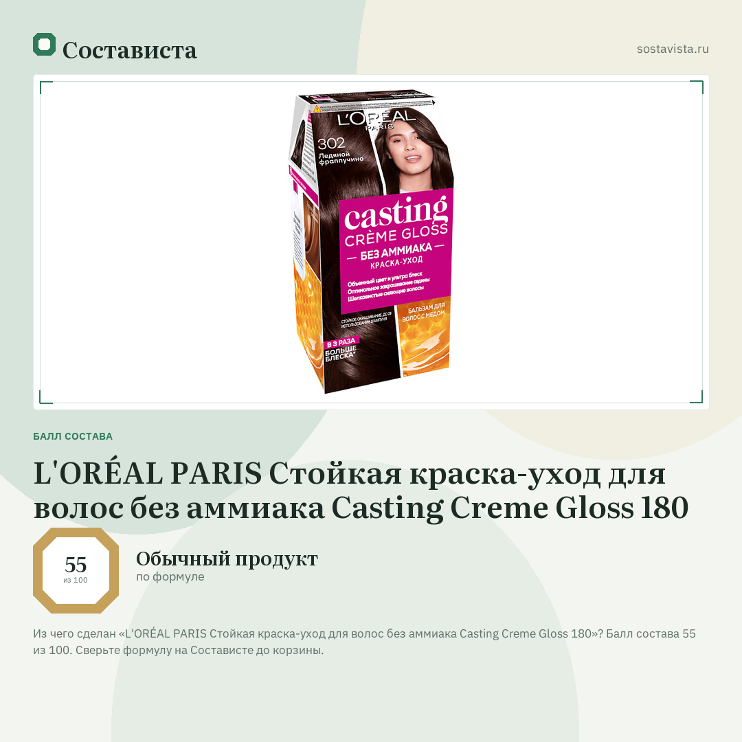 L'ORÉAL PARIS Стойкая краска-уход для волос без аммиака Casting Creme Gloss 180: балл состава 55 из 100 — Состависта