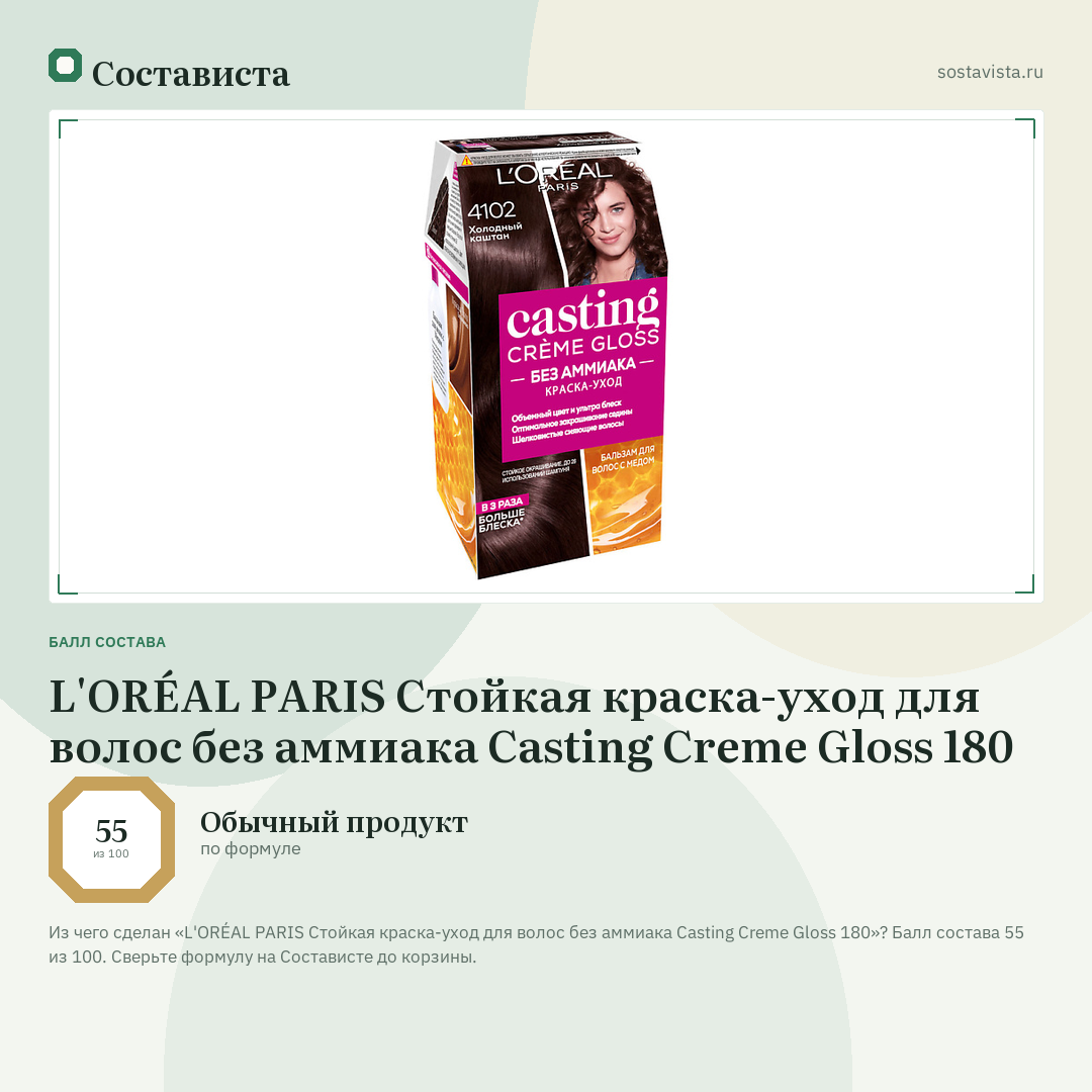 L'ORÉAL PARIS Стойкая краска-уход для волос без аммиака Casting Creme Gloss 180: балл состава 55 из 100 — Состависта