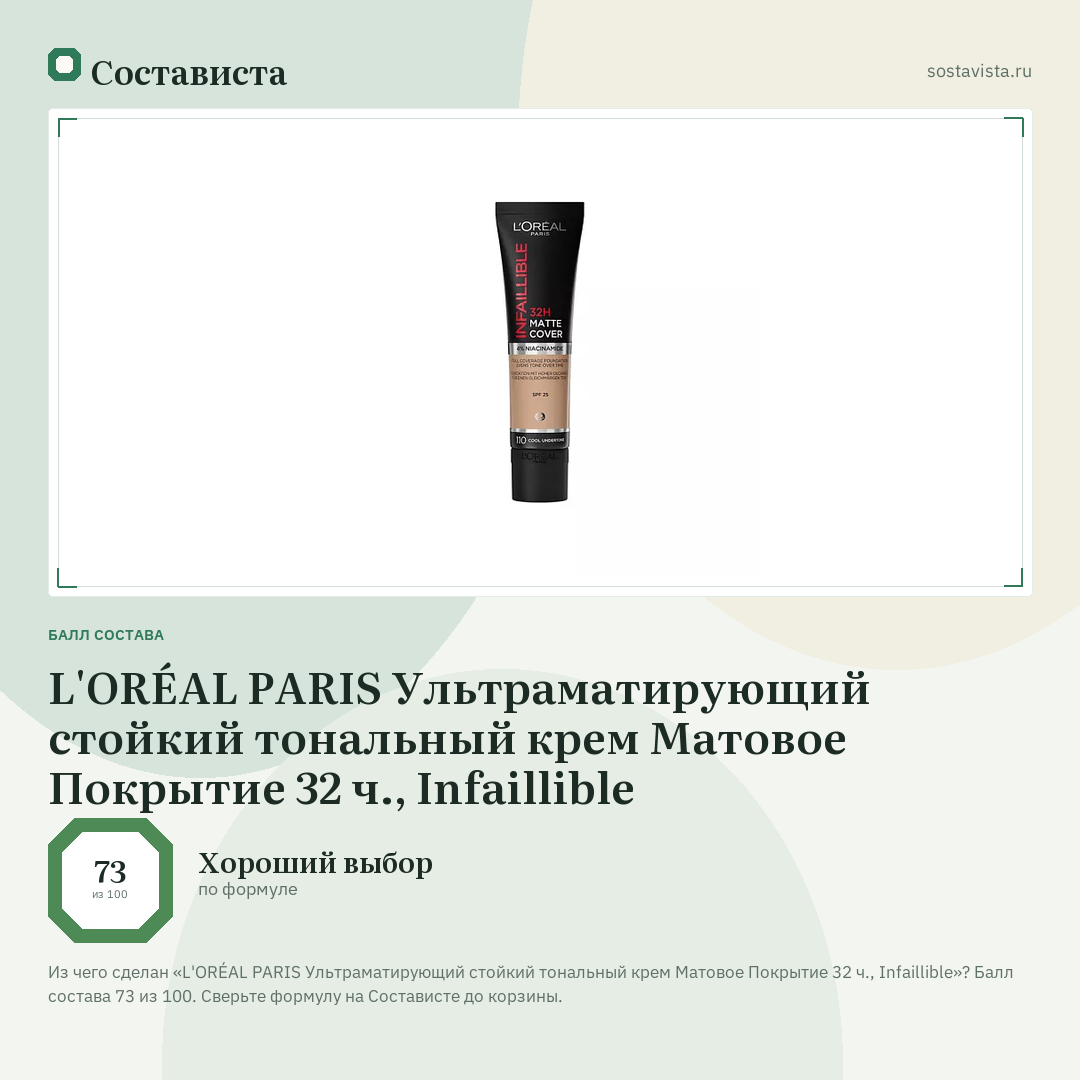 L'ORÉAL PARIS Ультраматирующий cтойкий тональный крем Матовое Покрытие 32 ч., Infaillible: балл состава 73 из 100 — Состависта