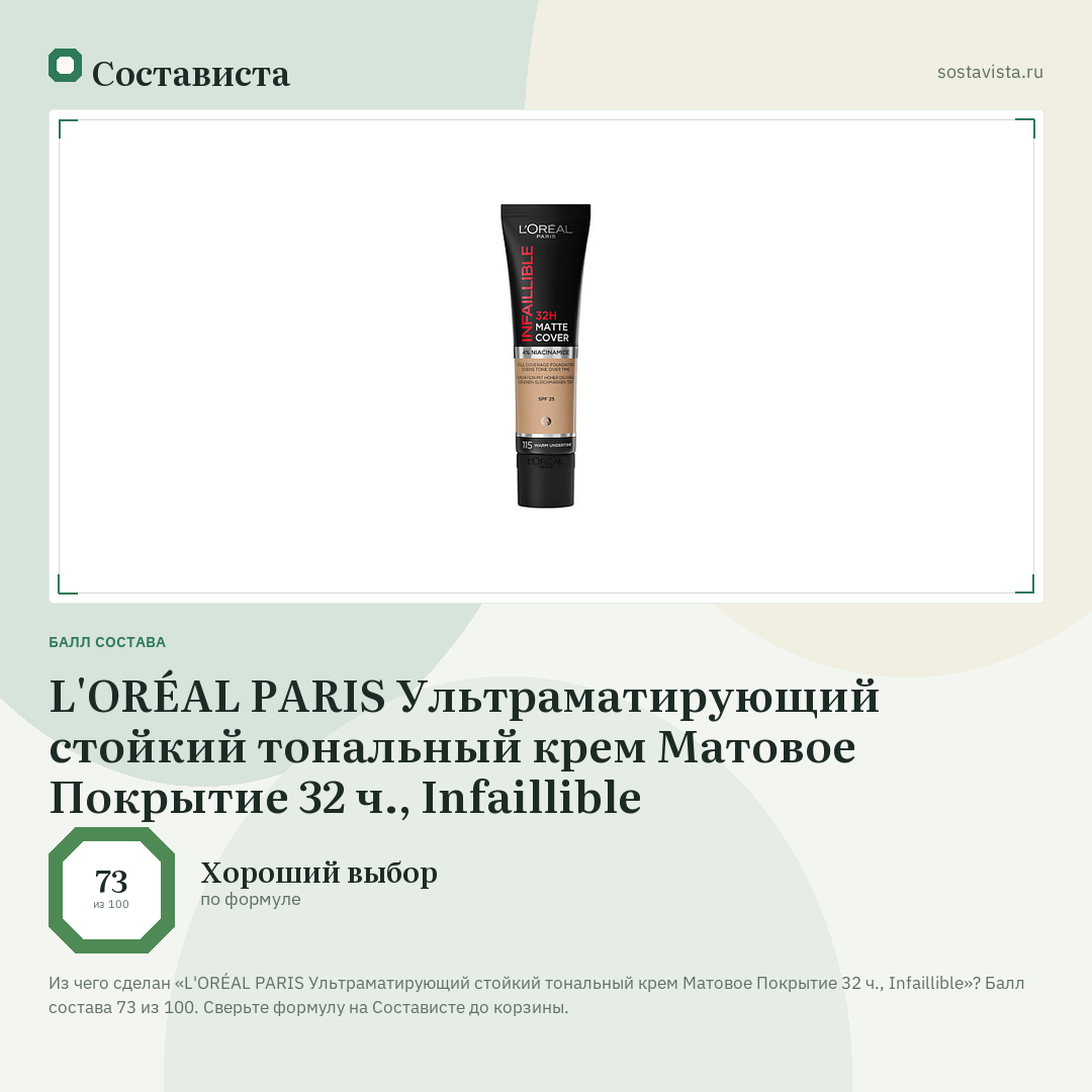 L'ORÉAL PARIS Ультраматирующий cтойкий тональный крем Матовое Покрытие 32 ч., Infaillible: балл состава 73 из 100 — Состависта