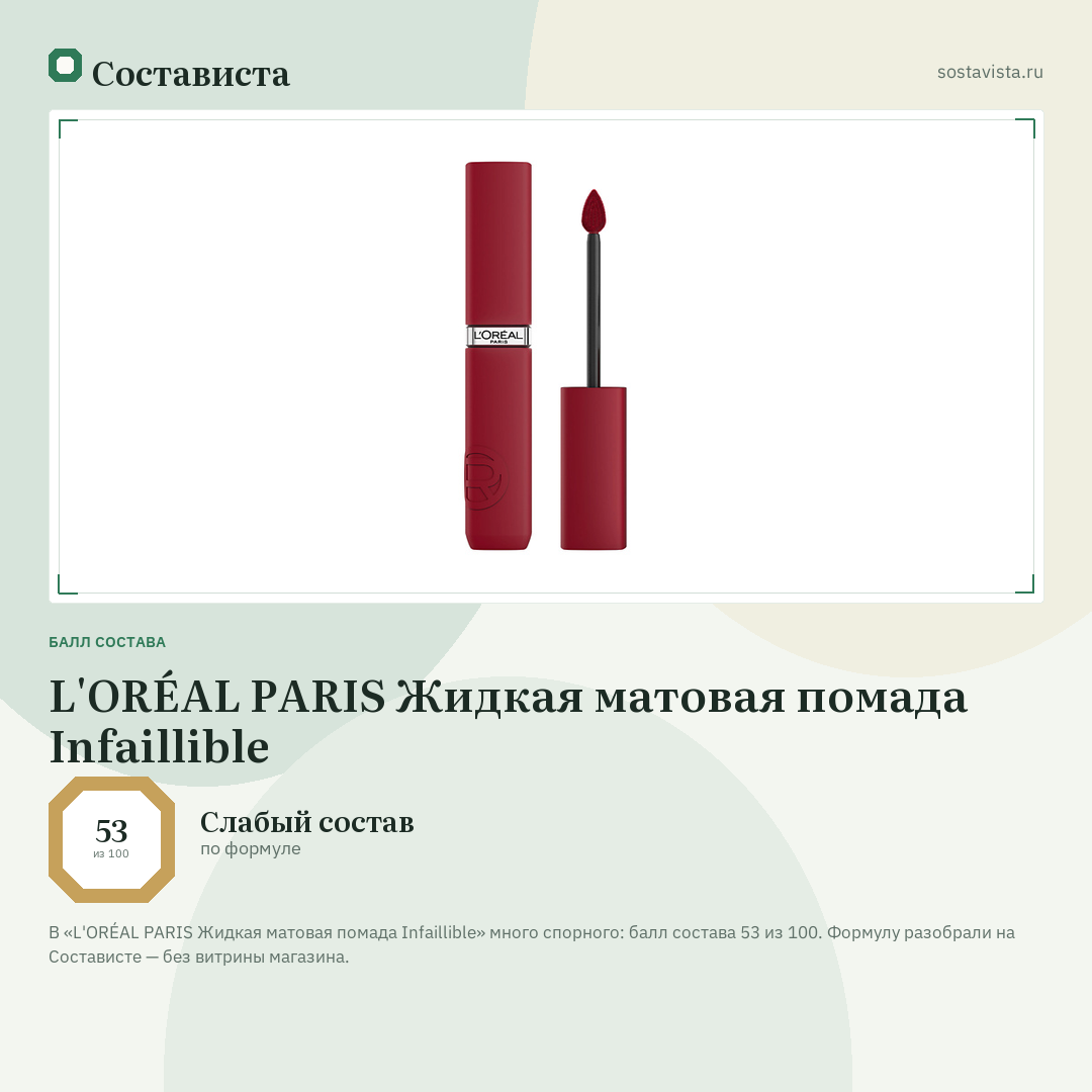 L'ORÉAL PARIS Жидкая матовая помада Infaillible: балл состава 53 из 100 — Состависта