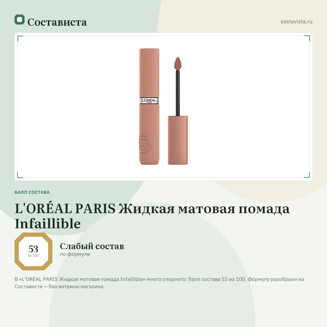 L'ORÉAL PARIS Жидкая матовая помада Infaillible: балл состава 53 из 100 — Состависта