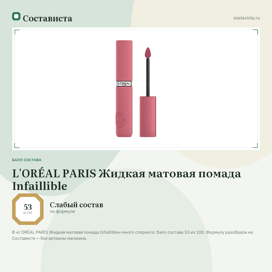 L'ORÉAL PARIS Жидкая матовая помада Infaillible: балл состава 53 из 100 — Состависта