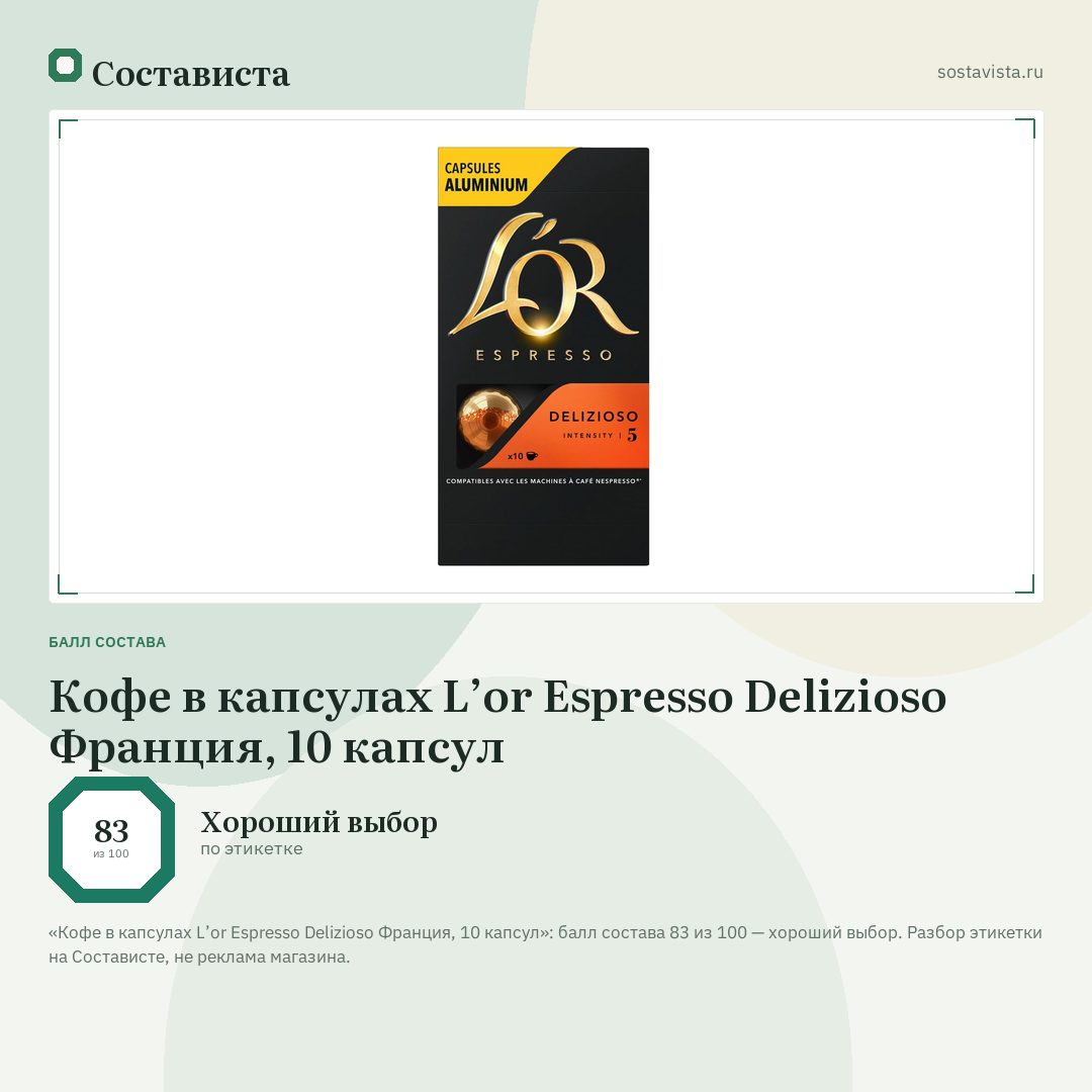 Кофе в капсулах L’or Espresso Delizioso Франция, 10 капсул: балл состава 83 из 100 — Состависта