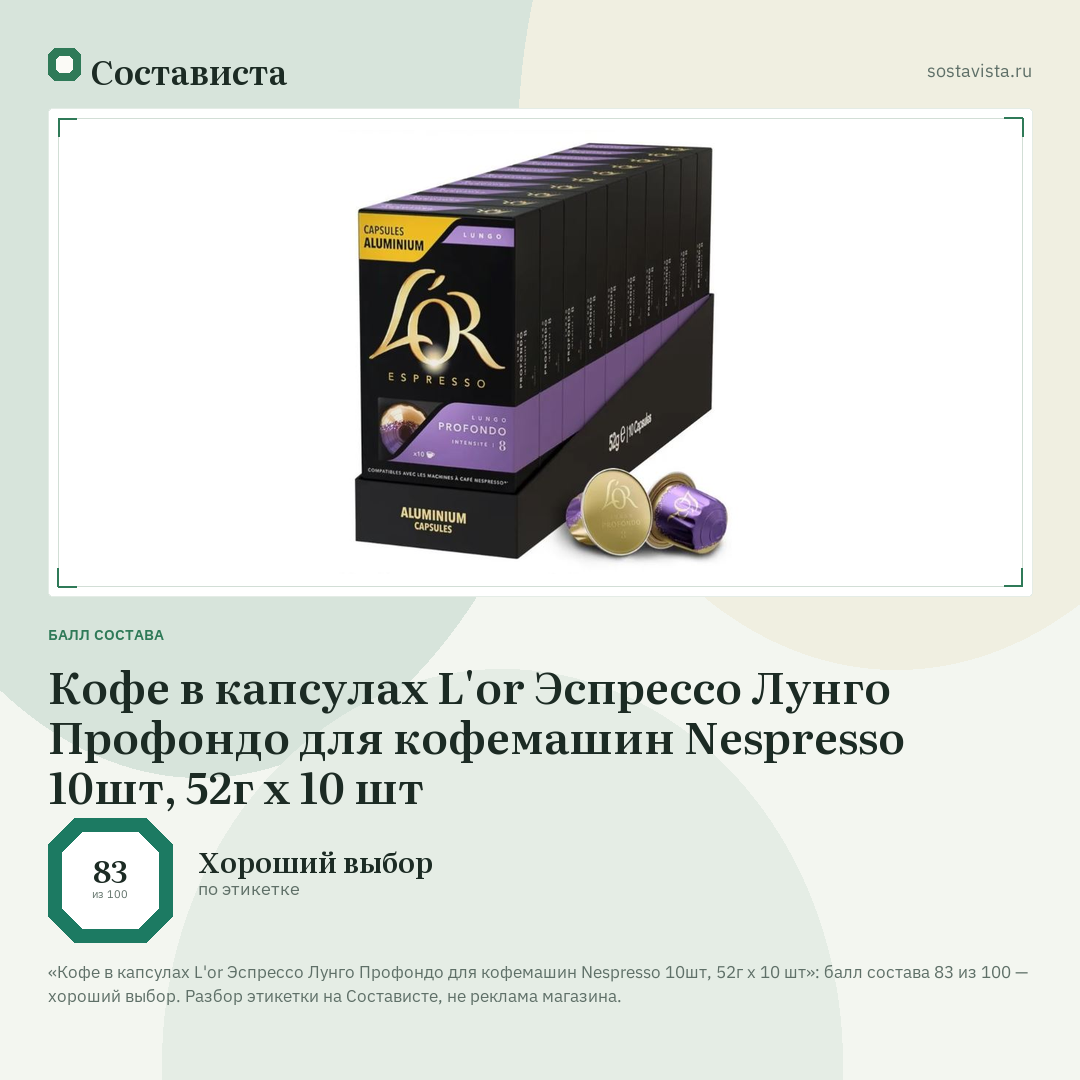 Кофе в капсулах L'or Эспрессо Лунго Профондо для кофемашин Nespresso 10шт, 52г x 10 шт: балл состава 83 из 100 — Состависта