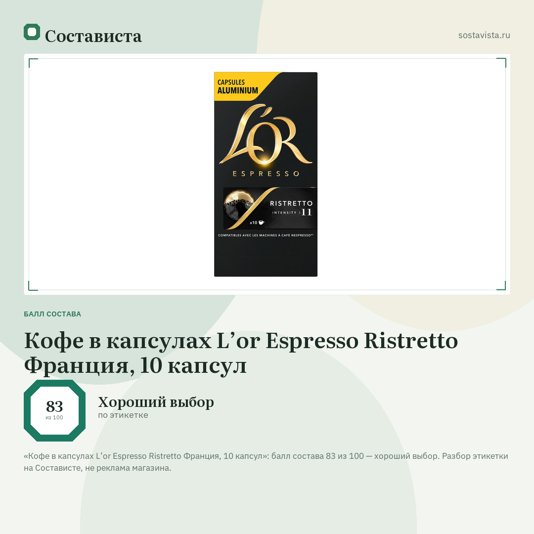Кофе в капсулах L’or Espresso Ristretto Франция, 10 капсул: балл состава 83 из 100 — Состависта