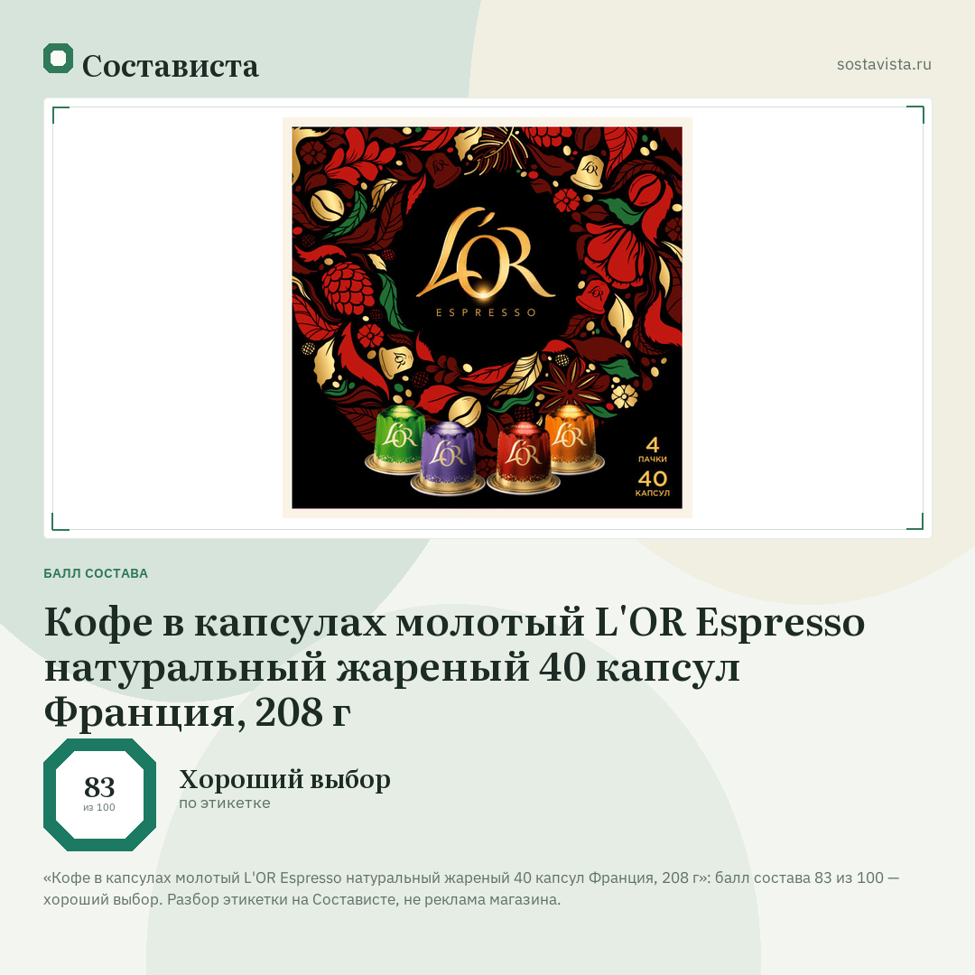 Кофе в капсулах молотый L'OR Espresso натуральный жареный 40 капсул Франция, 208 г: балл состава 83 из 100 — Состависта