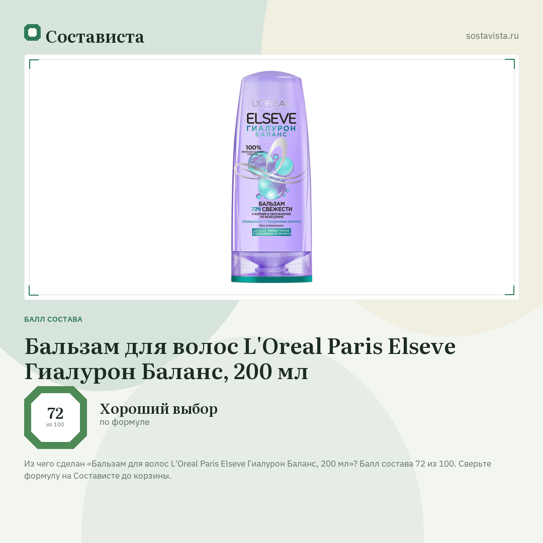 Бальзам для волос L'Oreal Paris Elseve Гиалурон Баланс, 200 мл: балл состава 72 из 100 — Состависта