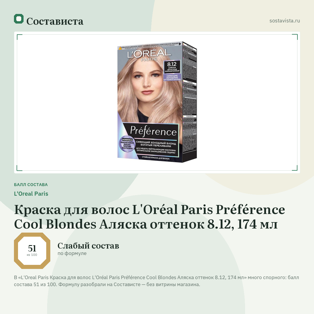 L'Oreal Paris Краска для волос L'Oréal Paris Préférence Cool Blondes Аляска оттенок 8.12, 174 мл: балл состава 51 из 100 — Состависта