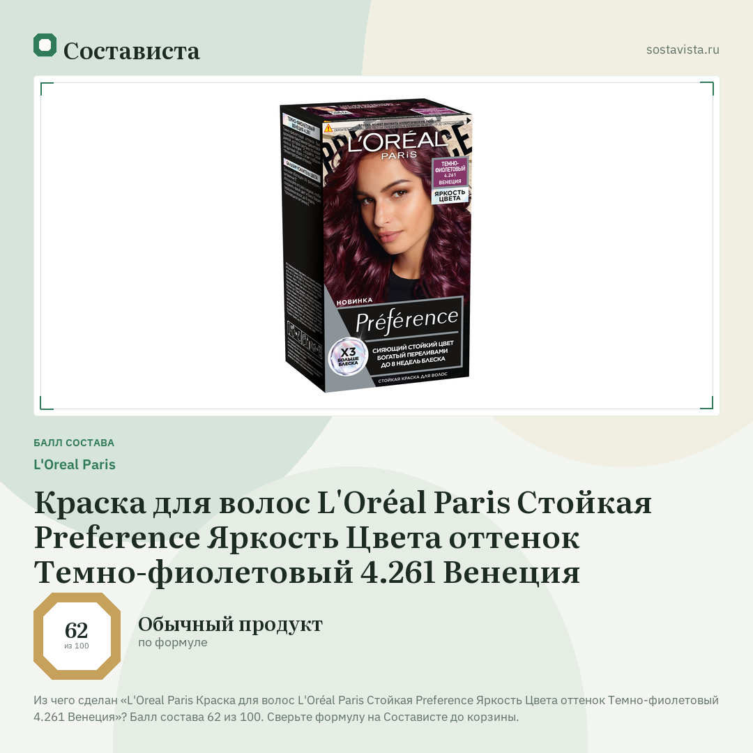 L'Oreal Paris Краска для волос L'Oréal Paris Стойкая Preference Яркость Цвета оттенок Темно-фиолетовый 4.261 Венеция: балл состава 62 из 100 — Состависта