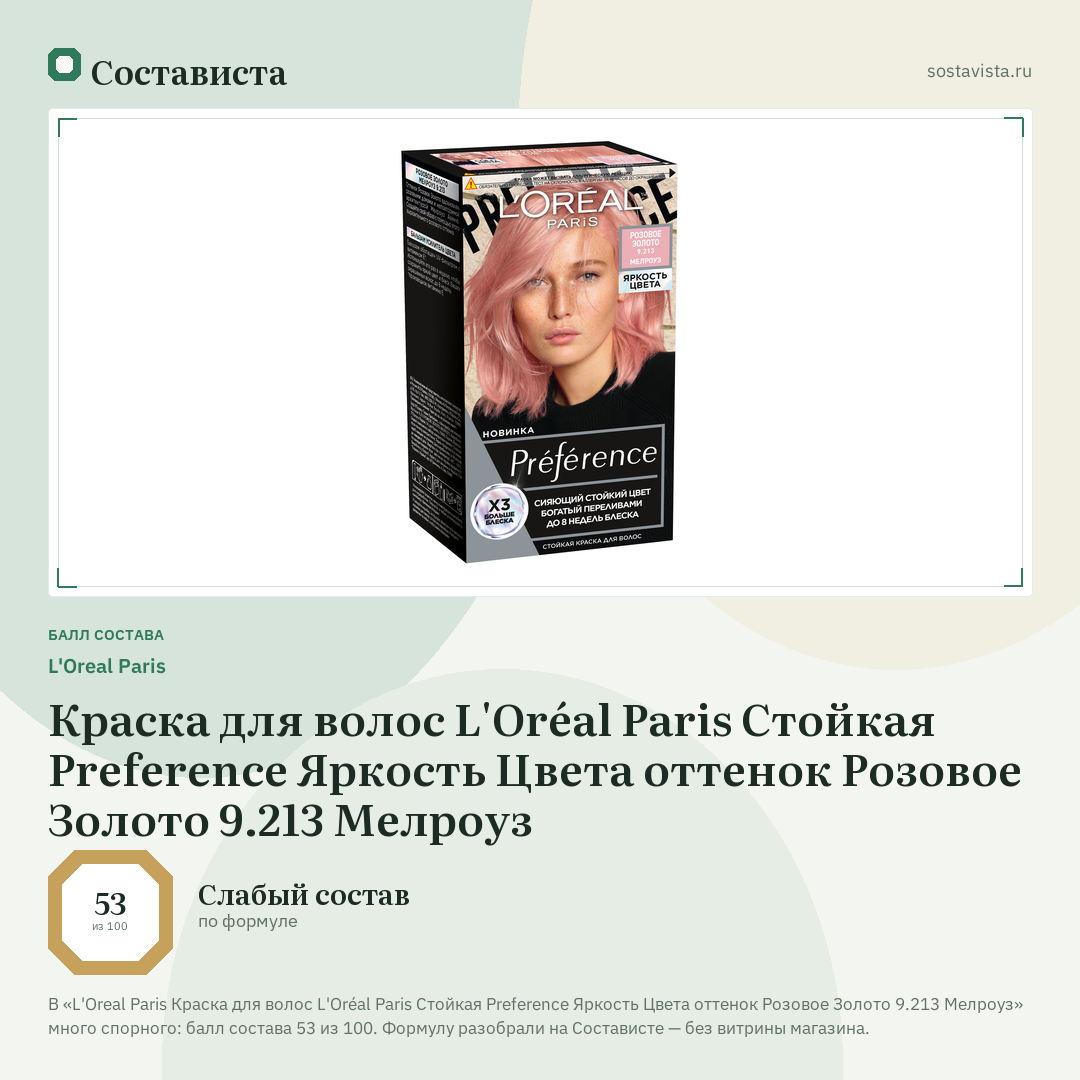 L'Oreal Paris Краска для волос L'Oréal Paris Стойкая Preference Яркость Цвета оттенок Розовое Золото 9.213 Мелроуз: балл состава 53 из 100 — Состависта