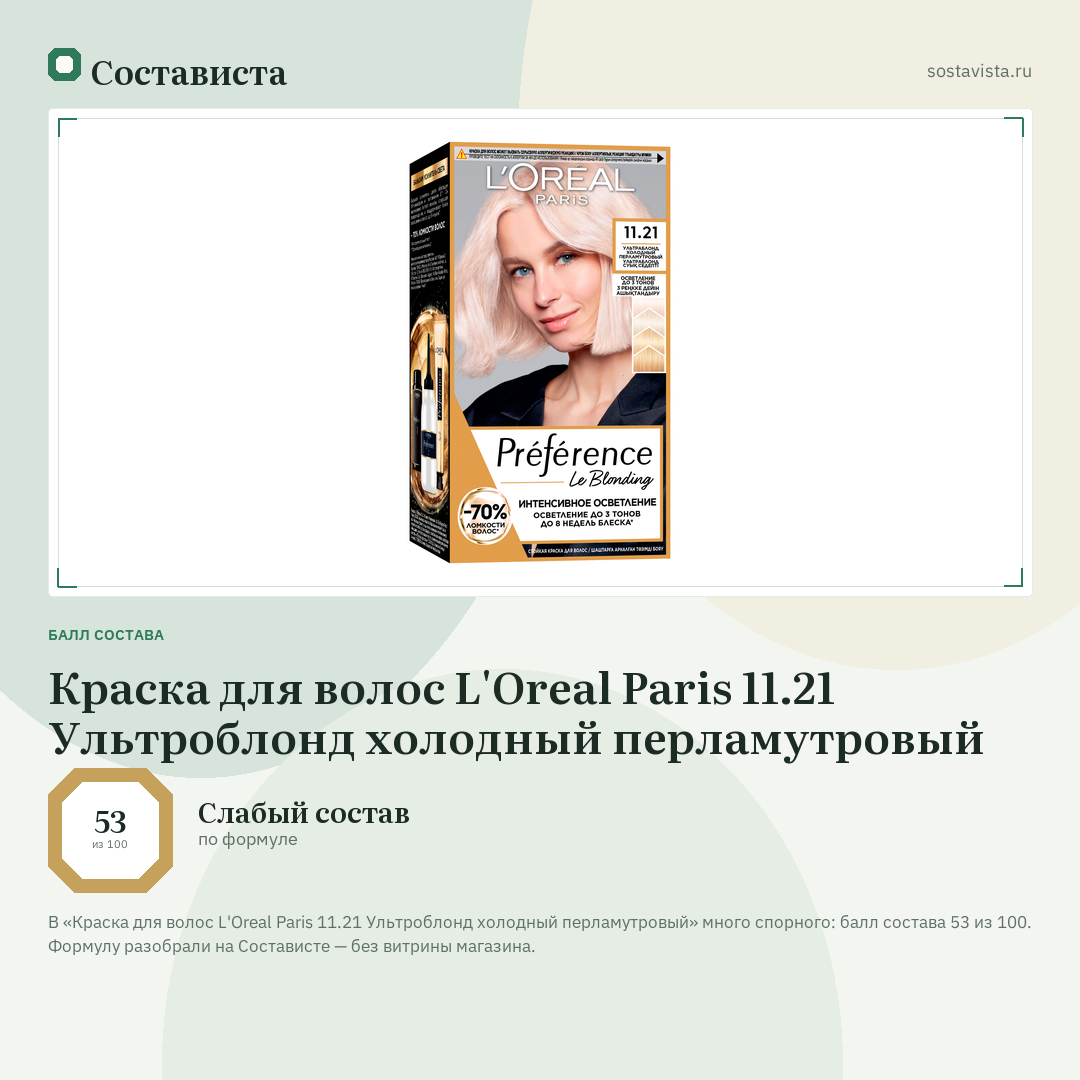 Краска для волос L'Oreal Paris 11.21 Ультроблонд холодный перламутровый: балл состава 53 из 100 — Состависта