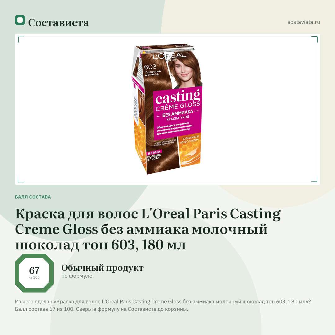 Краска для волос L'Oreal Paris Casting Creme Gloss без аммиака молочный шоколад тон 603, 180 мл: балл состава 67 из 100 — Состависта