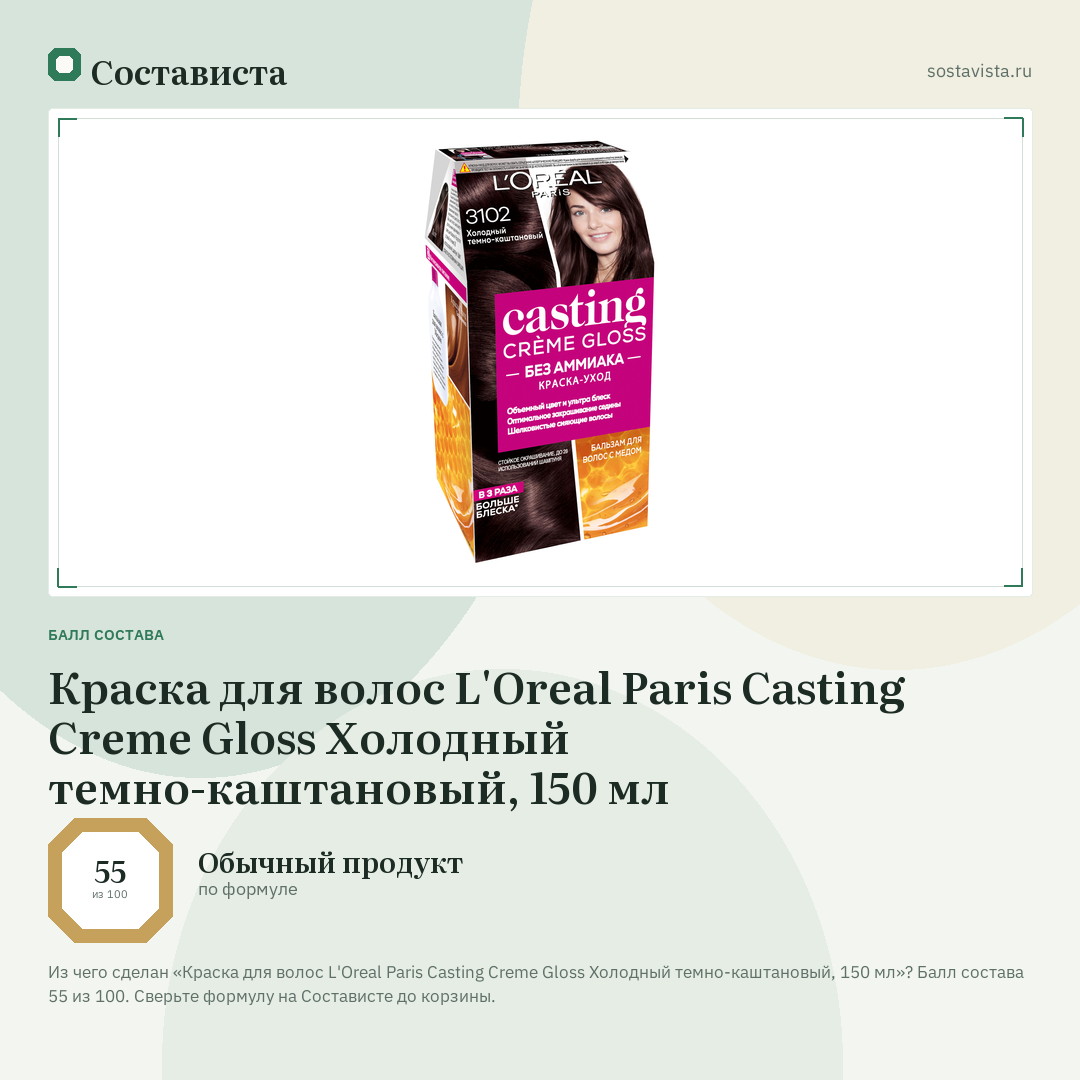 Краска для волос L'Oreal Paris Casting Creme Gloss Холодный темно-каштановый, 150 мл: балл состава 55 из 100 — Состависта
