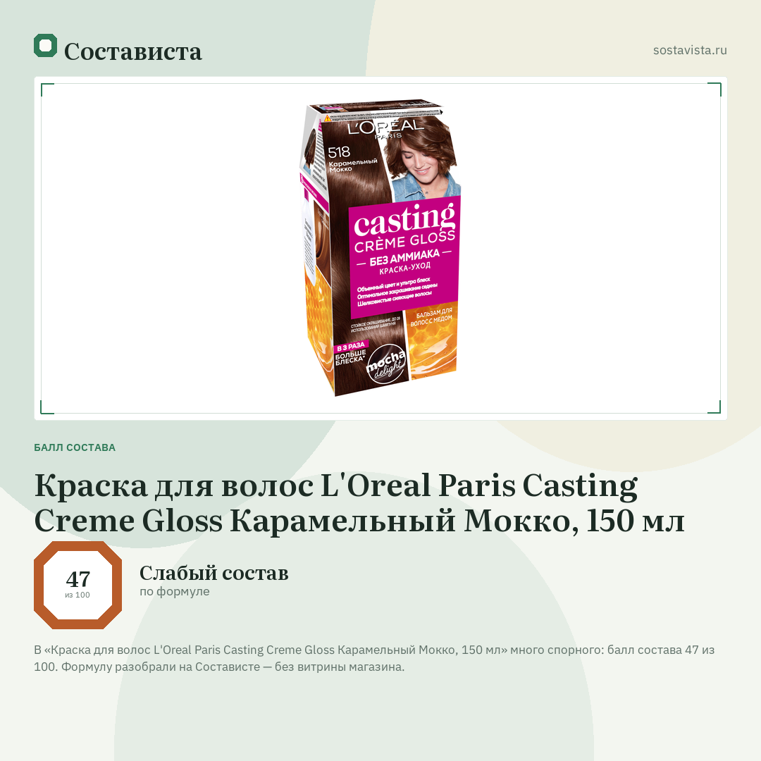 Краска для волос L'Oreal Paris Casting Creme Gloss Карамельный Мокко, 150 мл: балл состава 47 из 100 — Состависта