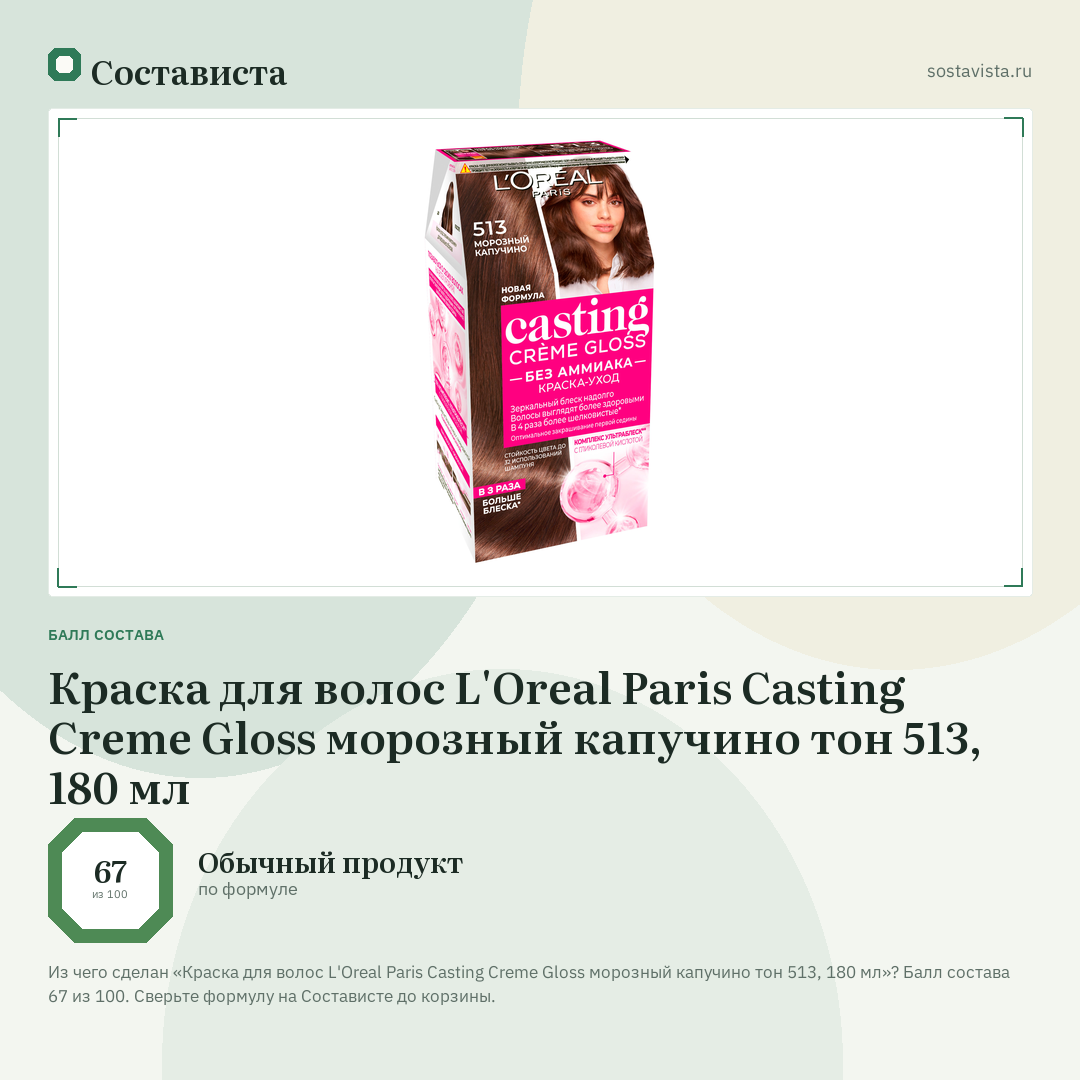 Краска для волос L'Oreal Paris Casting Creme Gloss морозный капучино тон 513, 180 мл: балл состава 67 из 100 — Состависта