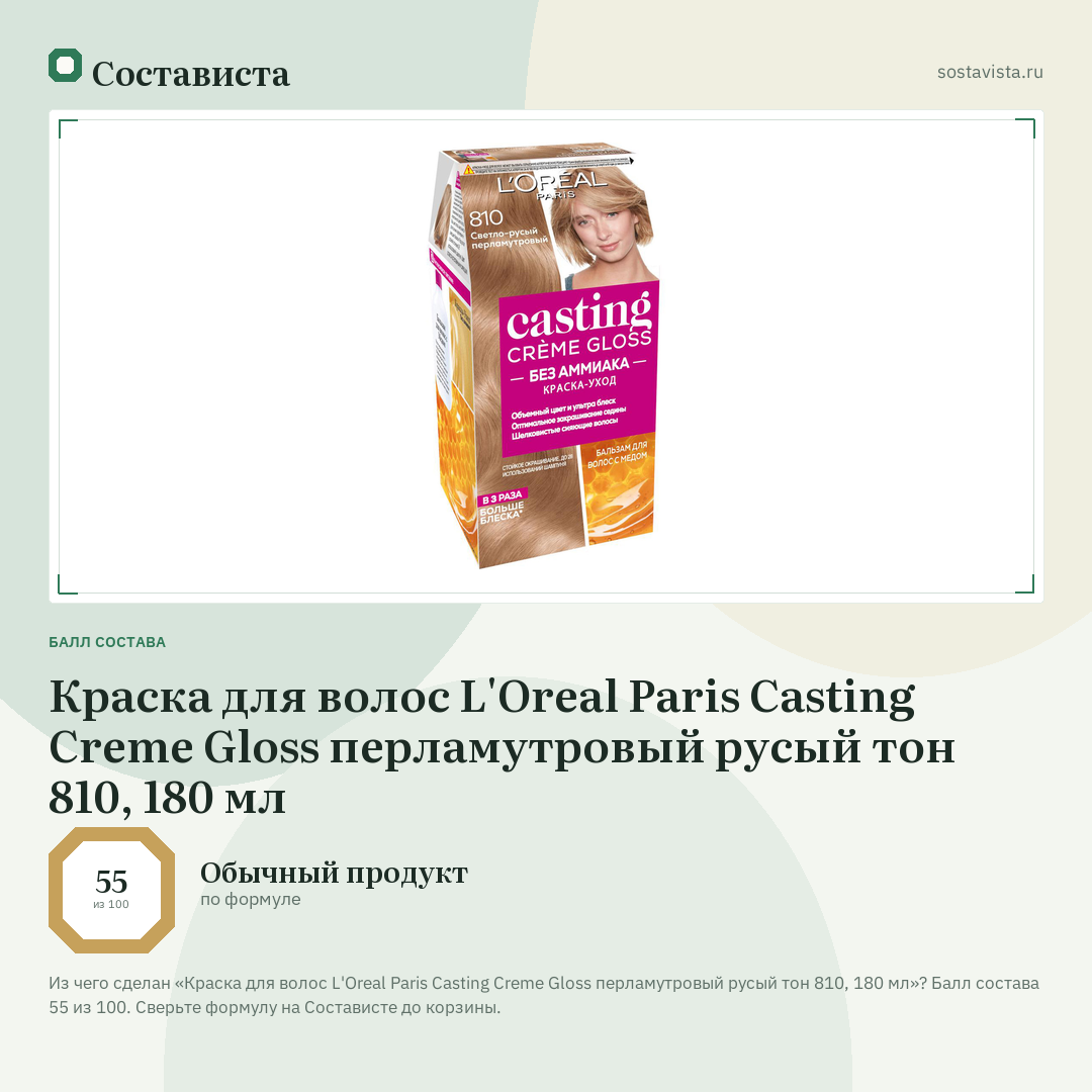 Краска для волос L'Oreal Paris Casting Creme Gloss перламутровый русый тон 810, 180 мл: балл состава 55 из 100 — Состависта