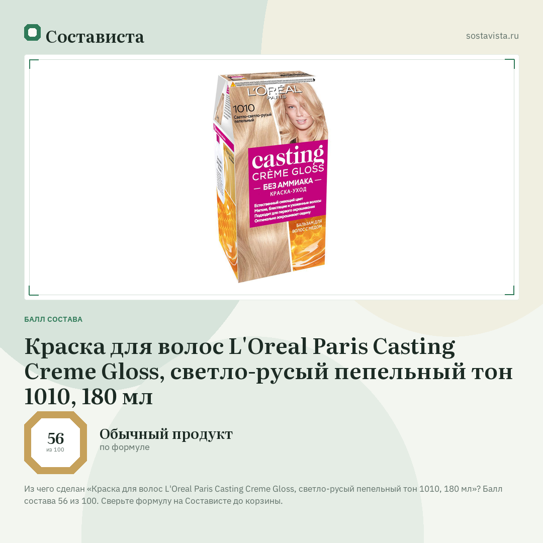 Краска для волос L'Oreal Paris Casting Creme Gloss, светло-русый пепельный тон 1010, 180 мл: балл состава 56 из 100 — Состависта