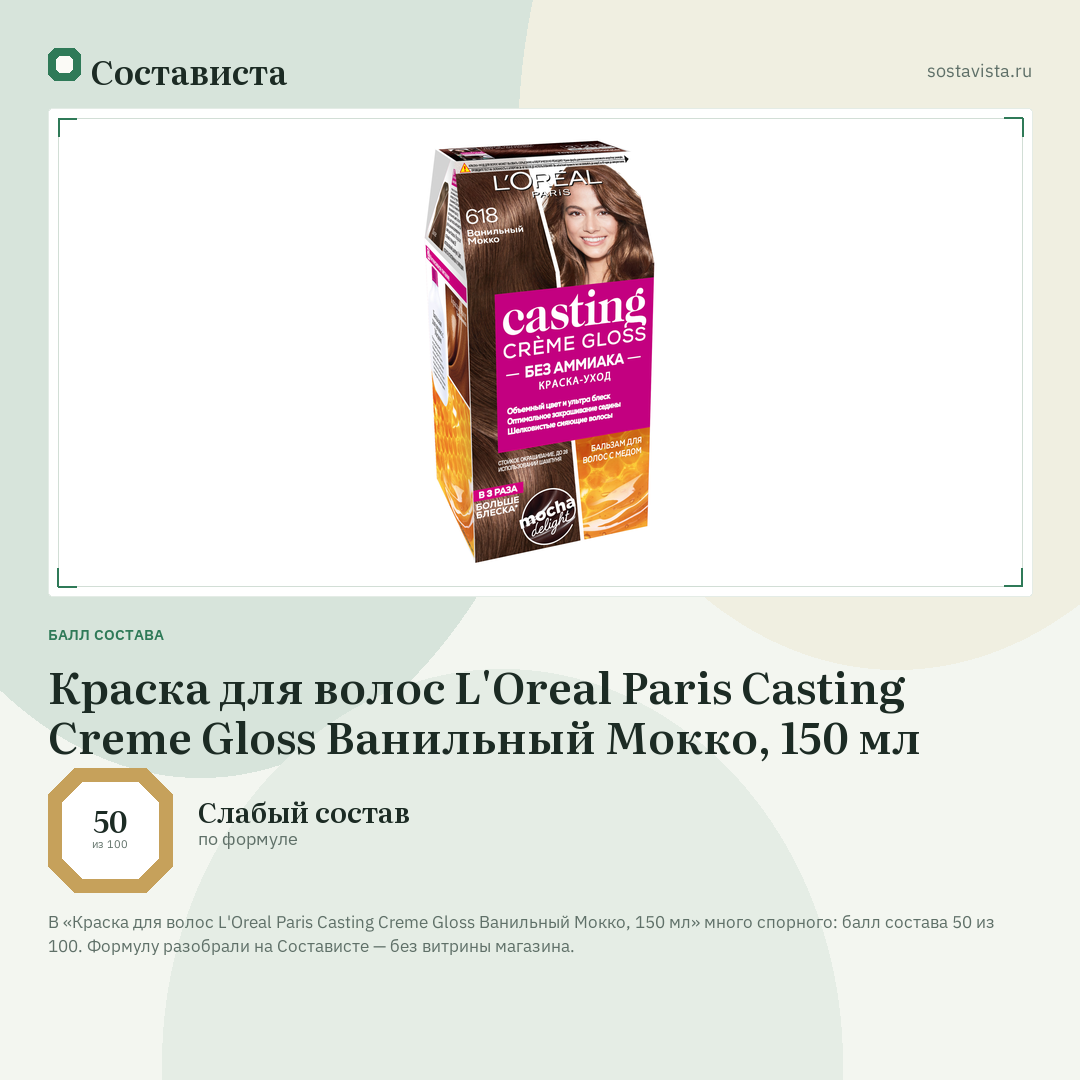 Краска для волос L'Oreal Paris Casting Creme Gloss Ванильный Мокко, 150 мл: балл состава 50 из 100 — Состависта
