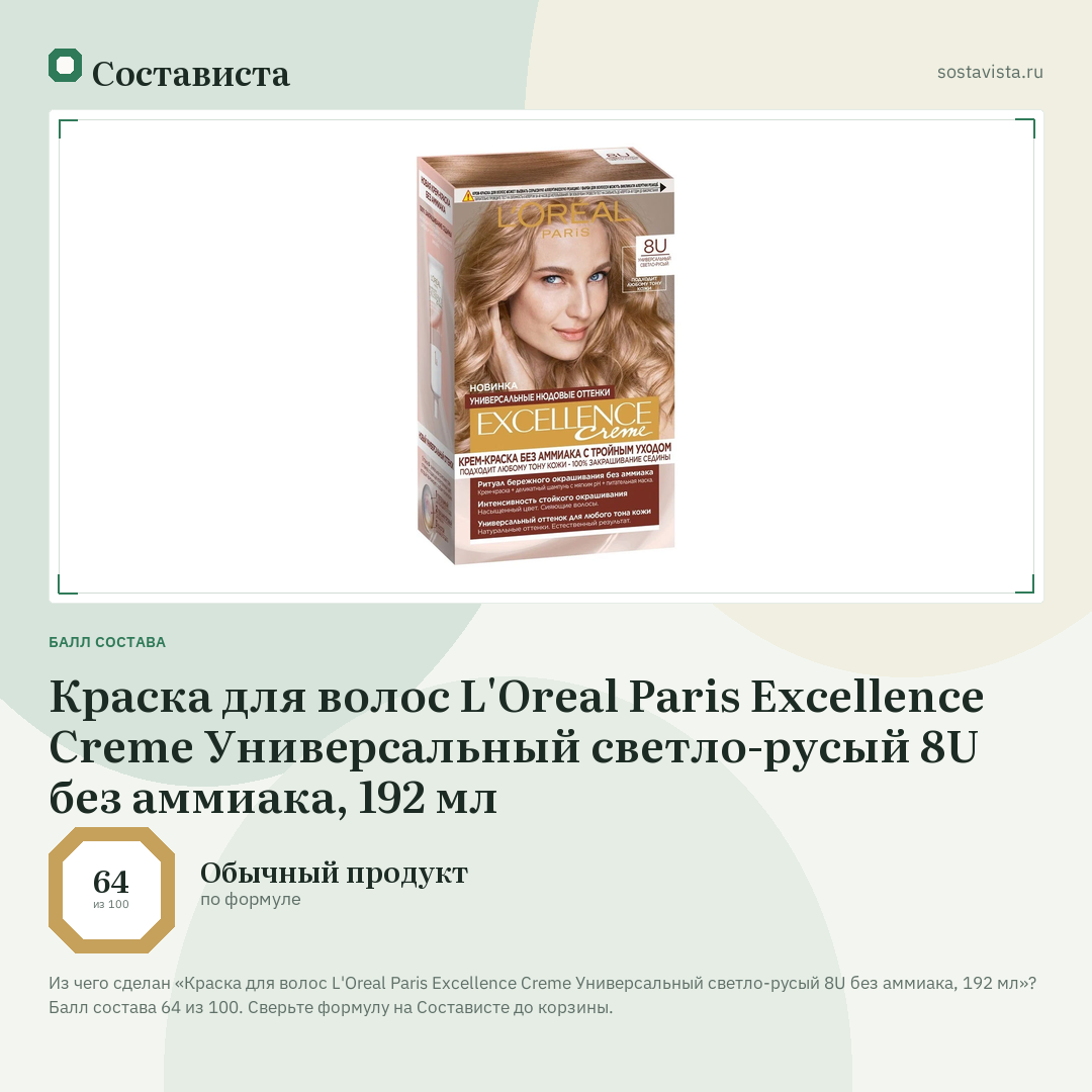 Краска для волос L'Oreal Paris Excellence Creme Универсальный светло-русый 8U без аммиака, 192 мл: балл состава 64 из 100 — Состависта