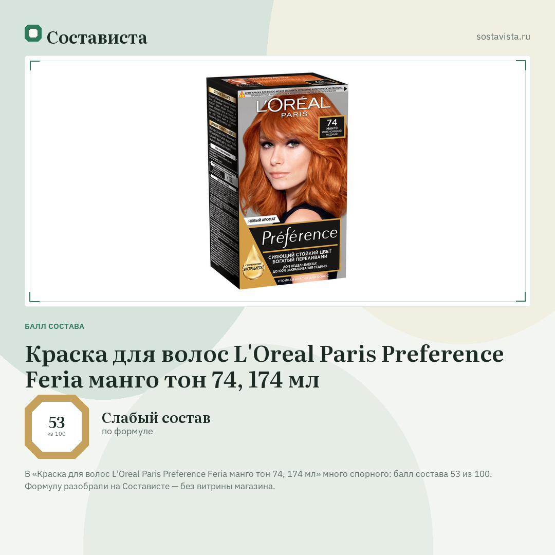 Краска для волос L'Oreal Paris Preference Feria манго тон 74, 174 мл: балл состава 53 из 100 — Состависта