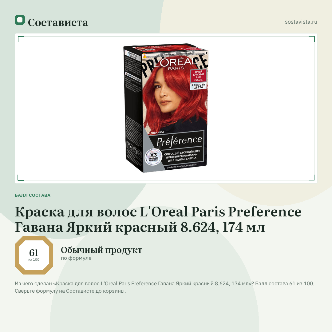 Краска для волос L'Oreal Paris Preference Гавана Яркий красный 8.624, 174 мл: балл состава 61 из 100 — Состависта