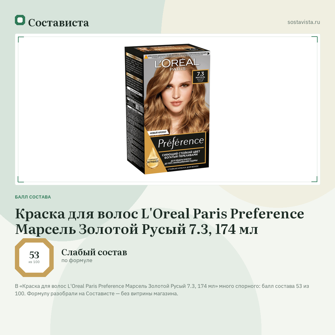 Краска для волос L'Oreal Paris Preference Марсель Золотой Русый 7.3, 174 мл: балл состава 53 из 100 — Состависта
