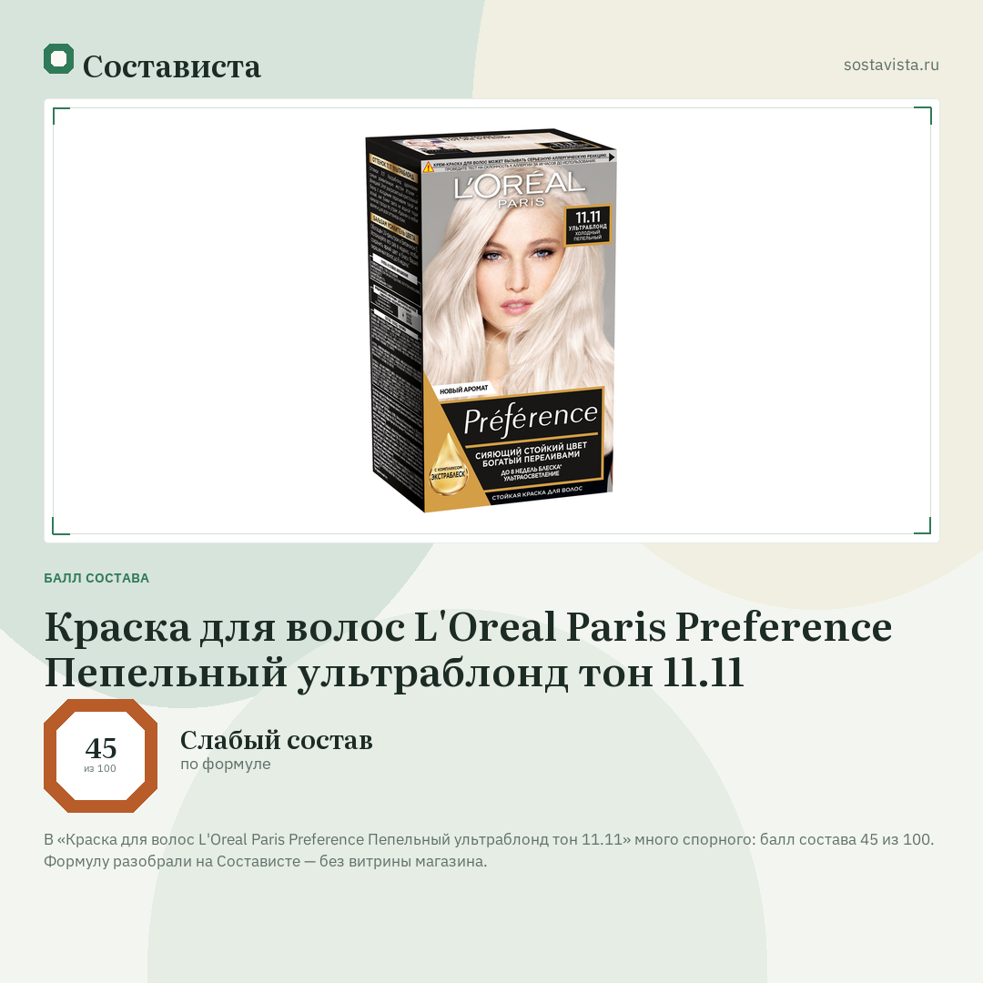 Краска для волос L'Oreal Paris Preference Пепельный ультраблонд тон 11.11: балл состава 45 из 100 — Состависта