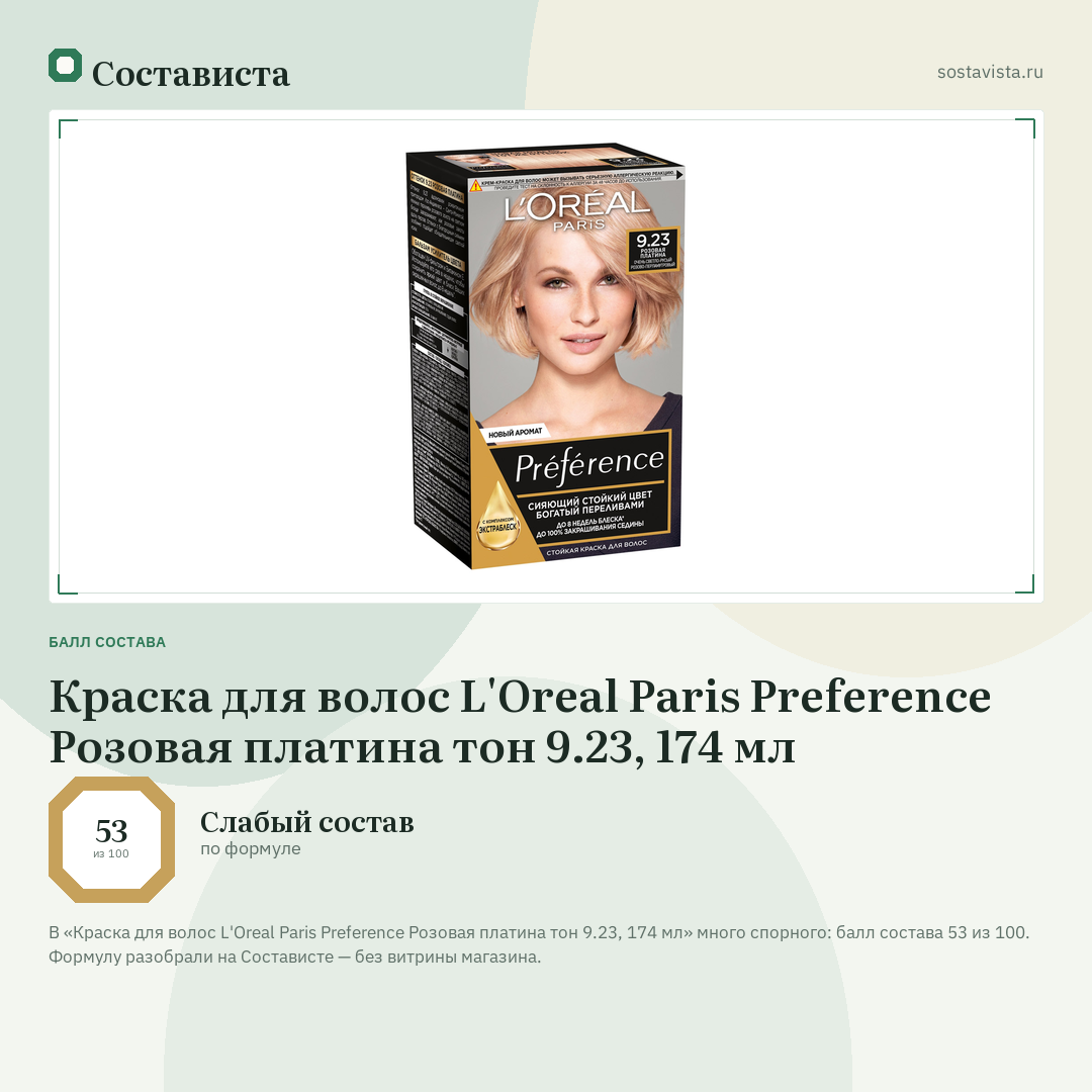 Краска для волос L'Oreal Paris Preference Розовая платина тон 9.23, 174 мл: балл состава 53 из 100 — Состависта