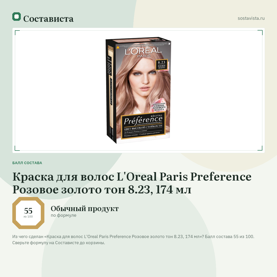 Краска для волос L'Oreal Paris Preference Розовое золото тон 8.23, 174 мл: балл состава 55 из 100 — Состависта