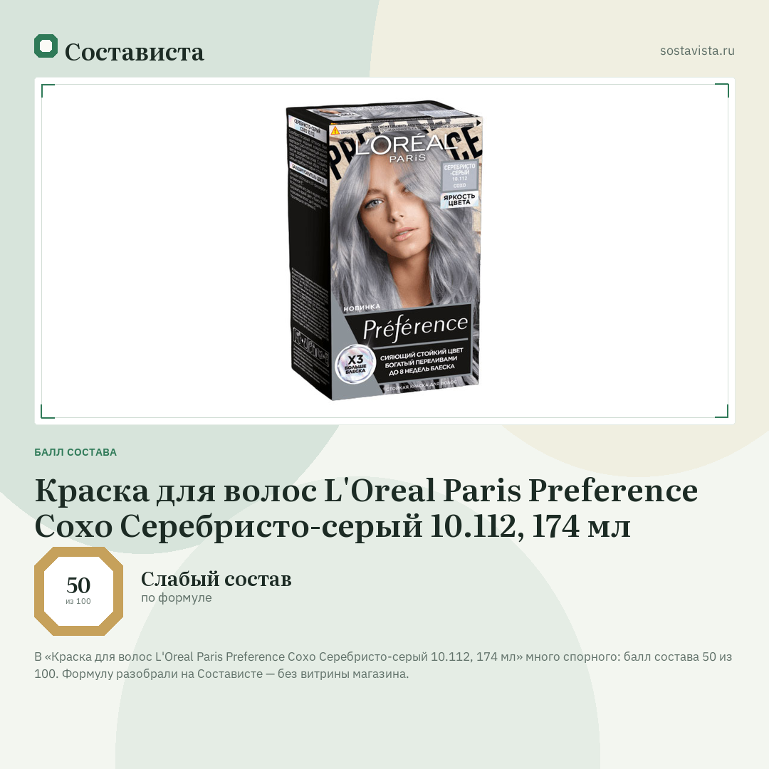 Краска для волос L'Oreal Paris Preference Сохо Серебристо-серый 10.112, 174 мл: балл состава 50 из 100 — Состависта