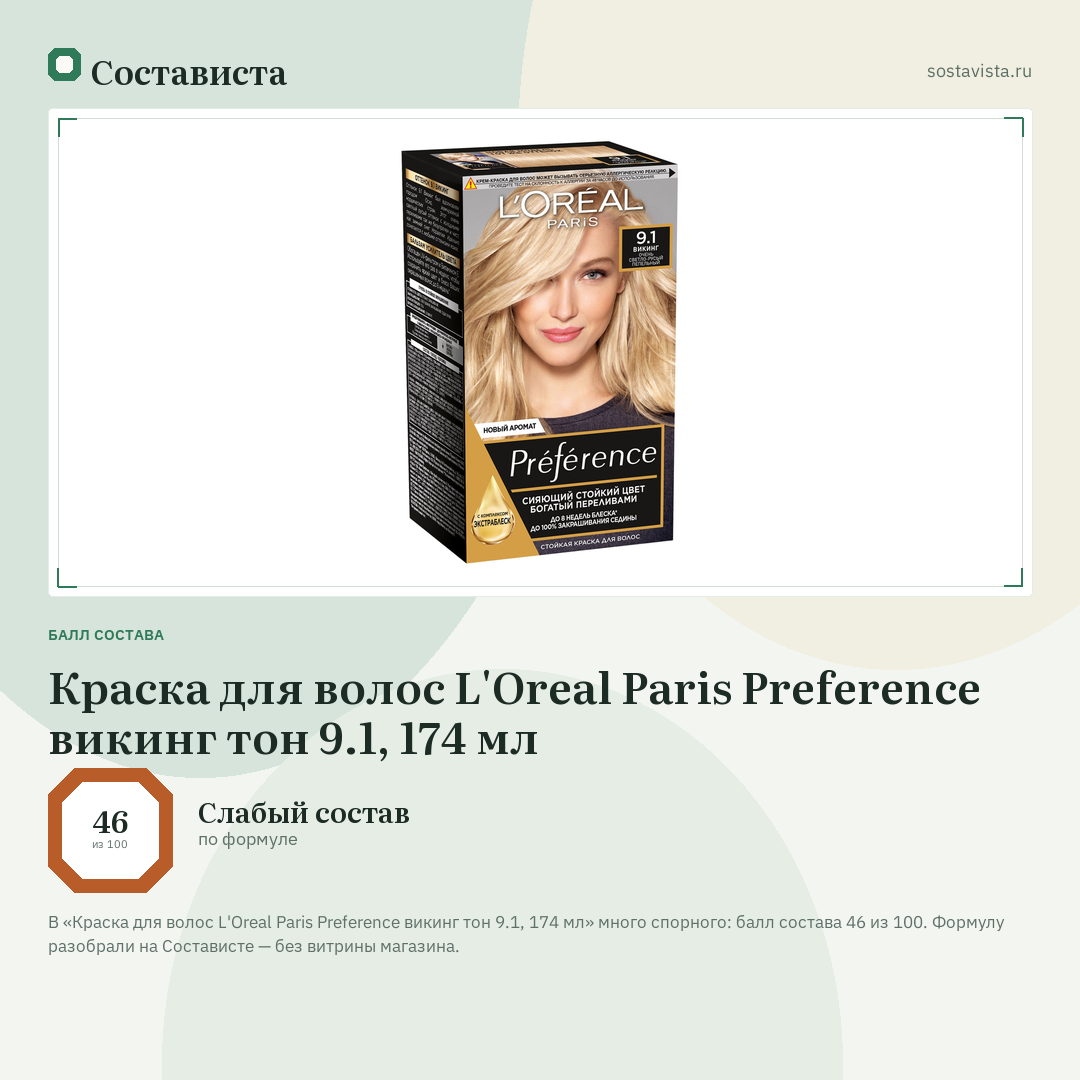 Краска для волос L'Oreal Paris Preference викинг тон 9.1, 174 мл: балл состава 46 из 100 — Состависта