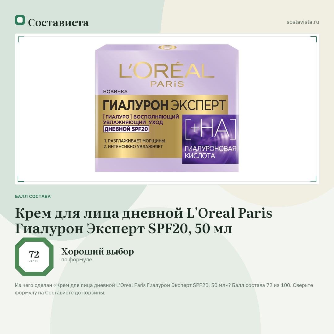 Крем для лица дневной L'Oreal Paris Гиалурон Эксперт SPF20, 50 мл: балл состава 72 из 100 — Состависта